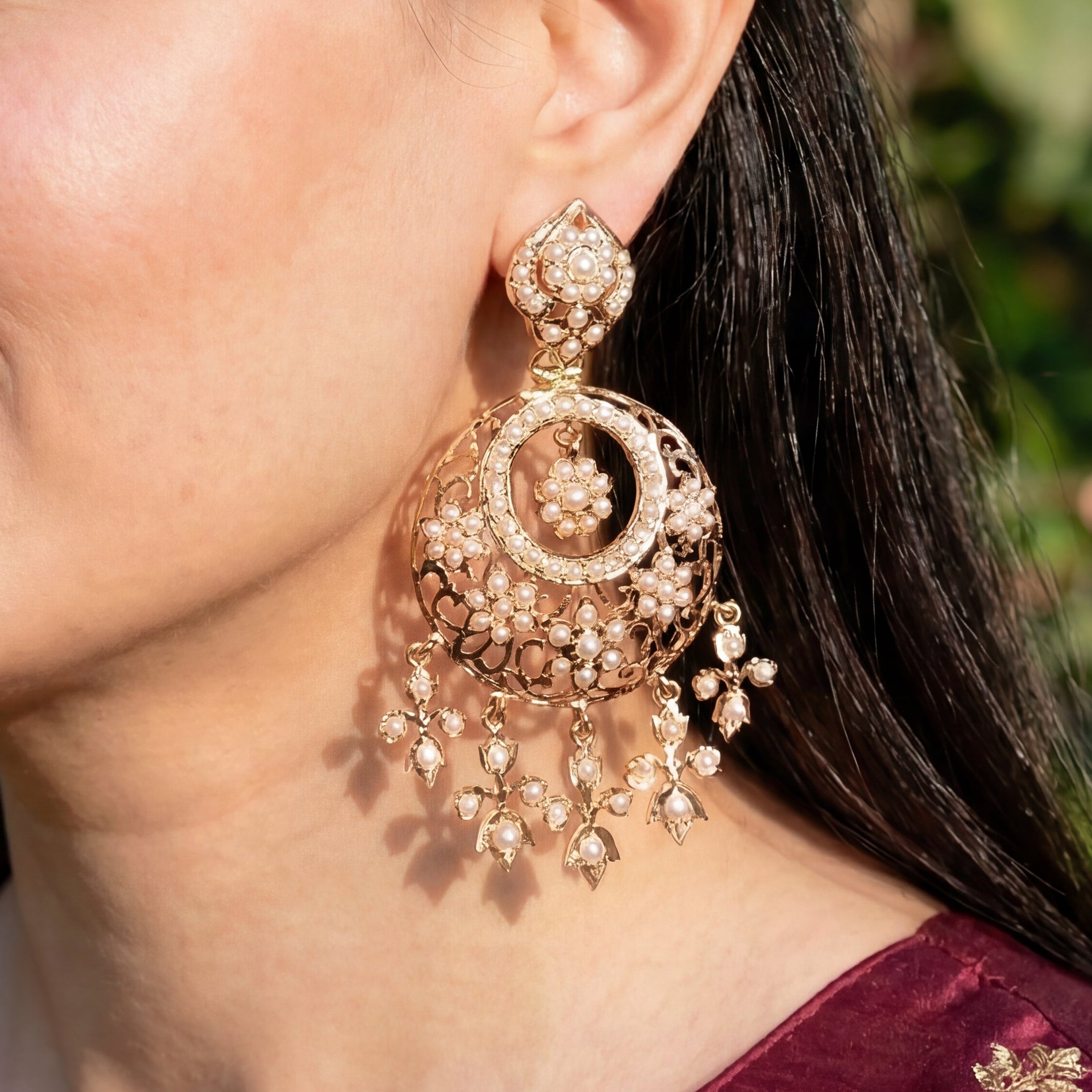 Antique Style Pearl Chandbali Earrings | Indo Western Design Jewelry on Silver ER 610