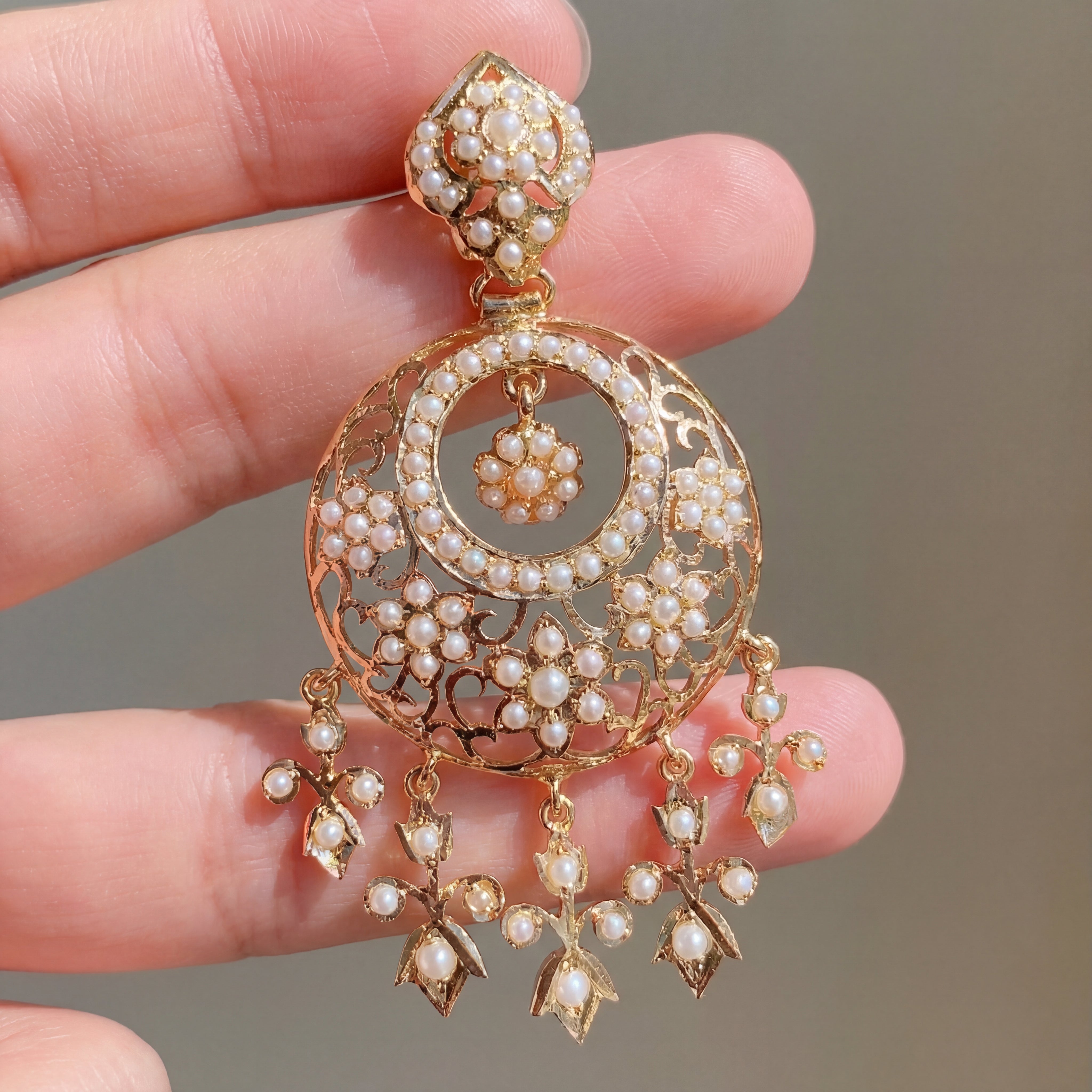 Antique Style Pearl Chandbali Earrings | Indo Western Design Jewelry on Silver ER 610