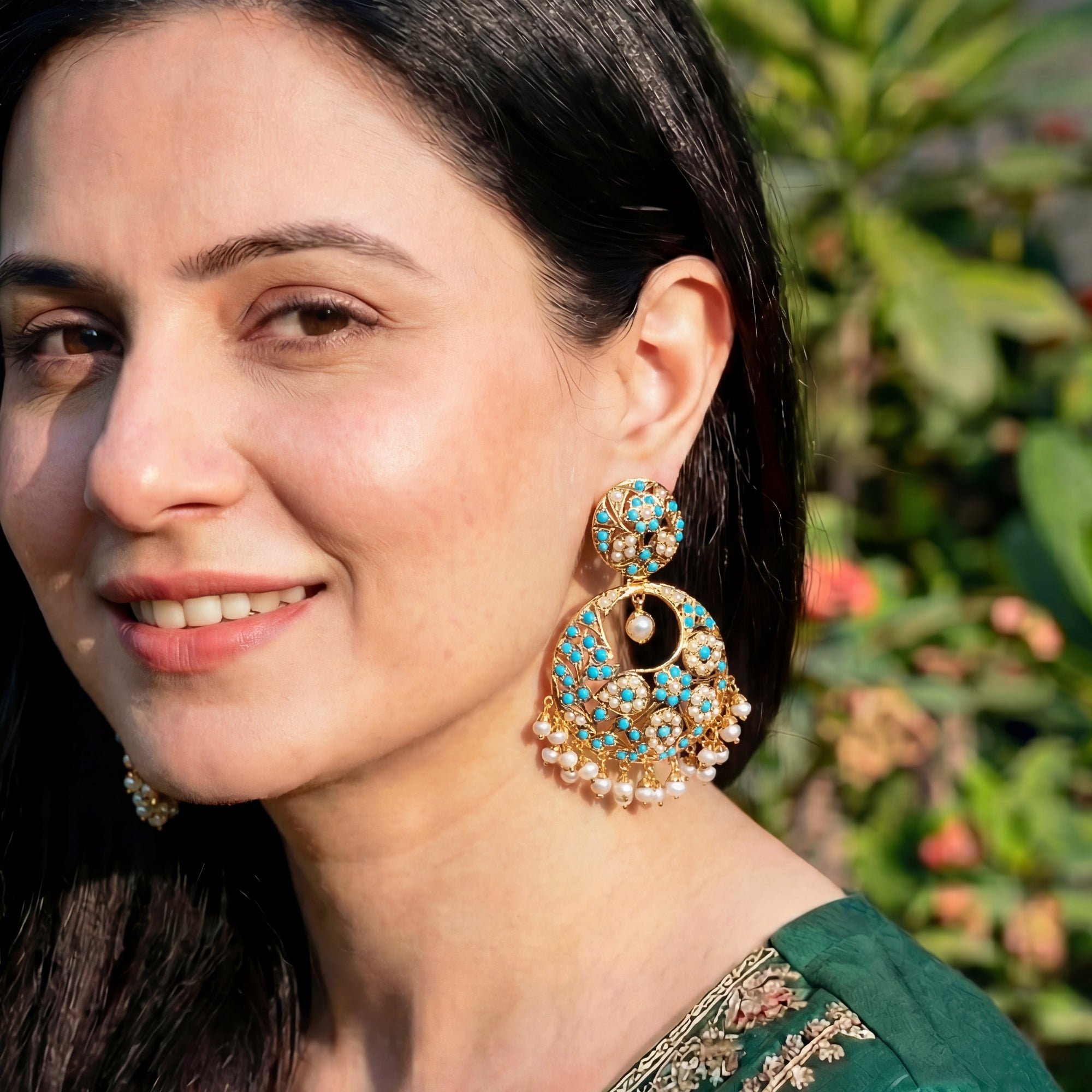 Gold Plated Pearl Feroza Jadau Chandbali Earrings in Silver ER 101