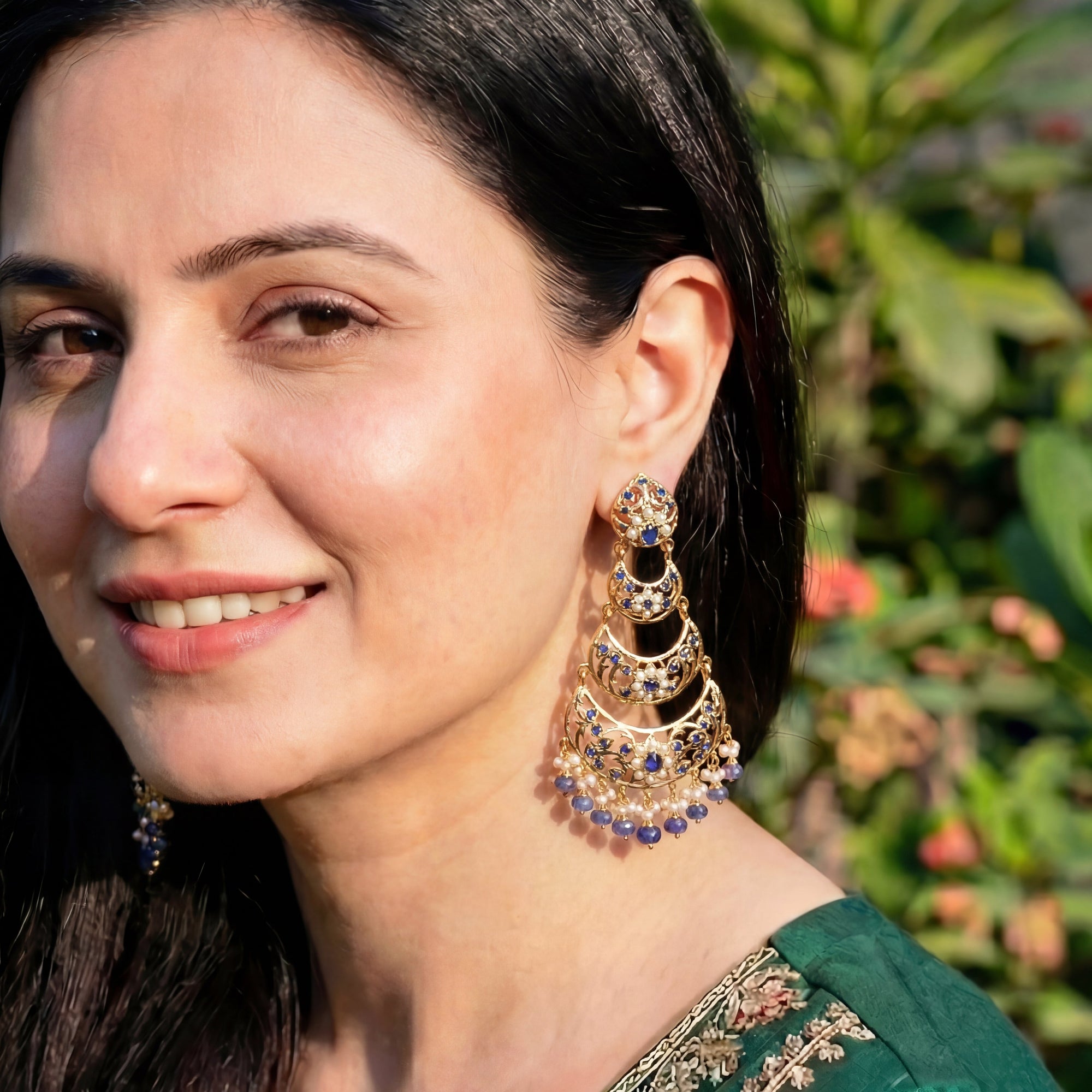 Pearl and Sapphire 3 Step Danglers | Gold Plated on Silver ER 442