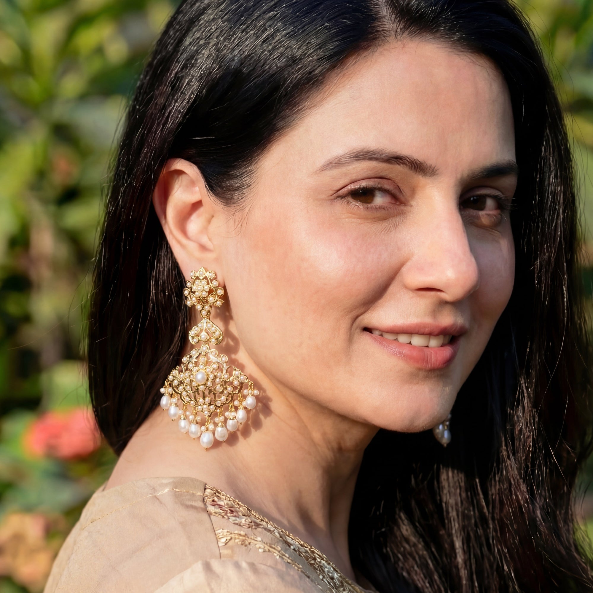 Intricate Silver Earrings studded with Freshwater Pearls | Gold Plated Indian Jewelry ER 612