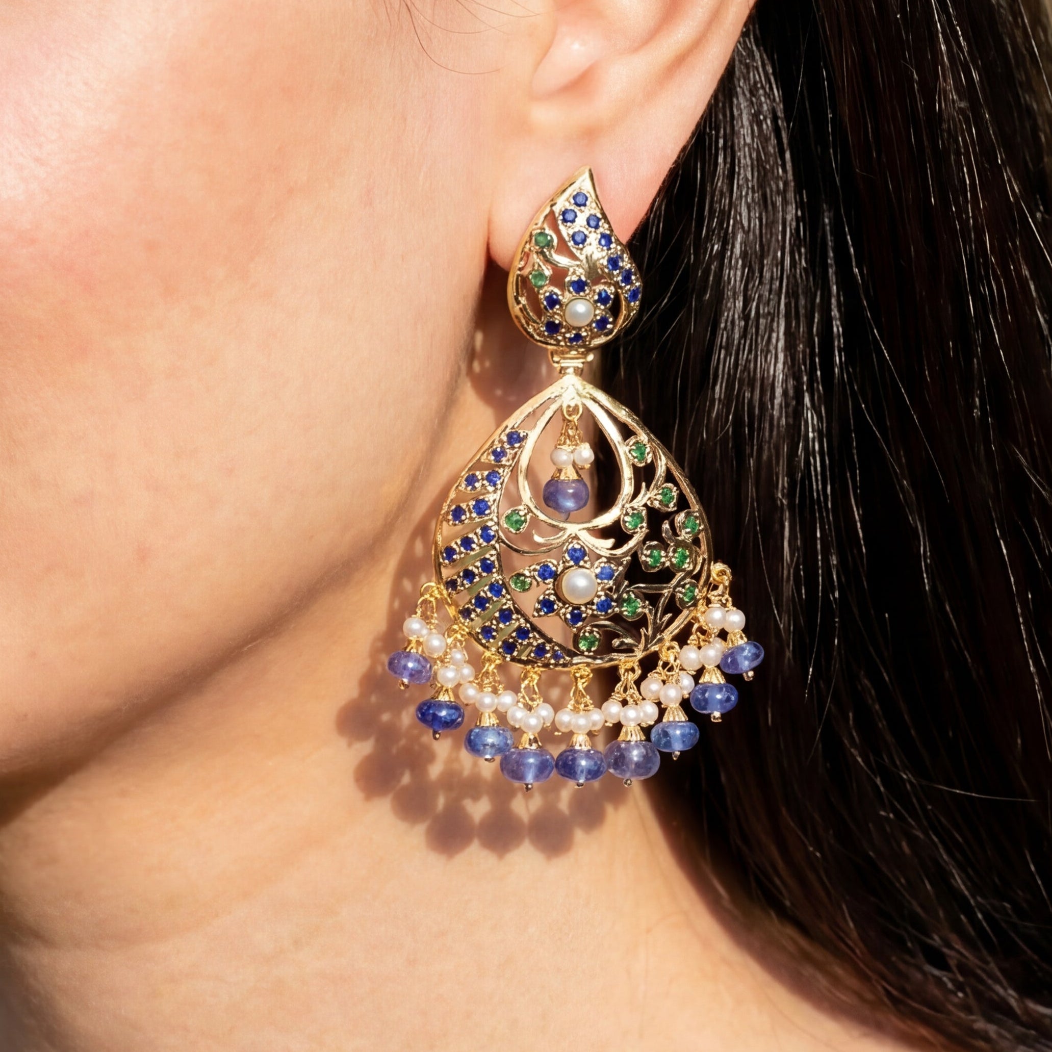 Gold Plated Sapphire-Emerald-Pearl Earrings on Sterling Silver ER 291