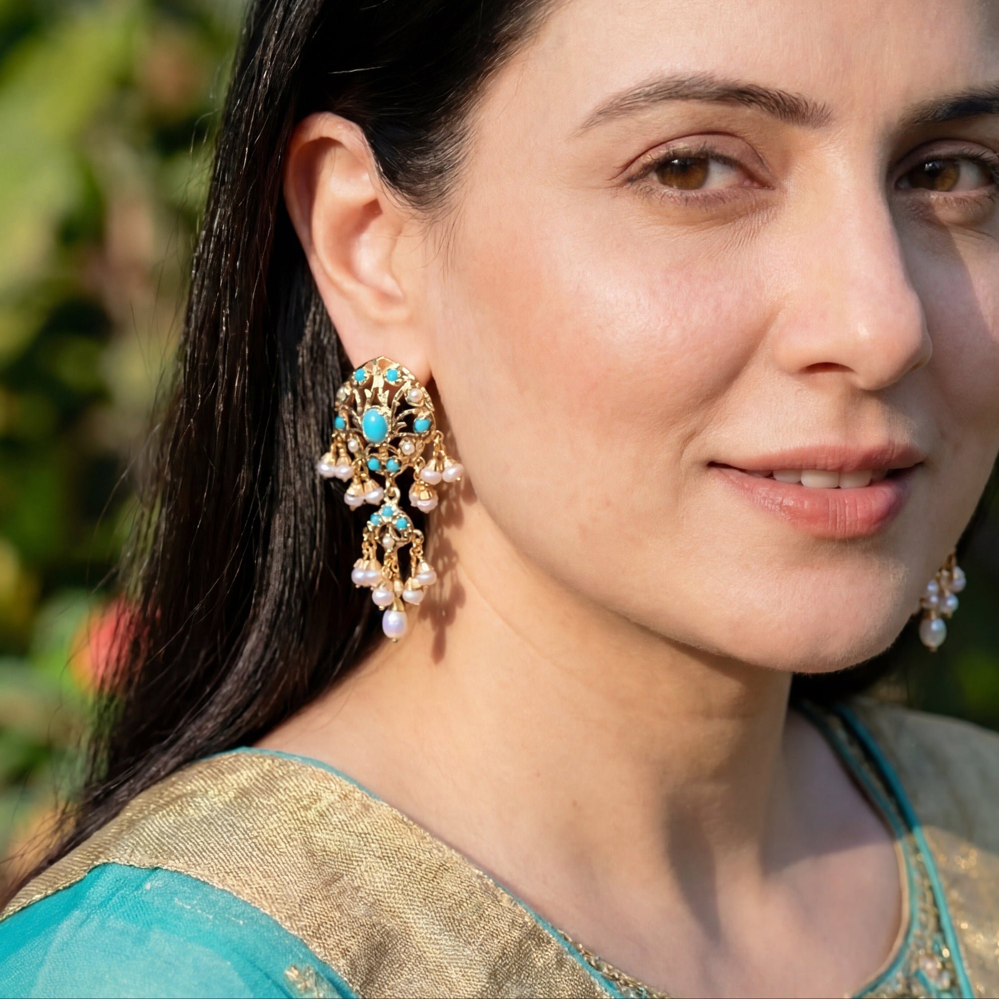 Turquoise & Pearl Stud Earrings | Gold Plated on Silver ER 618