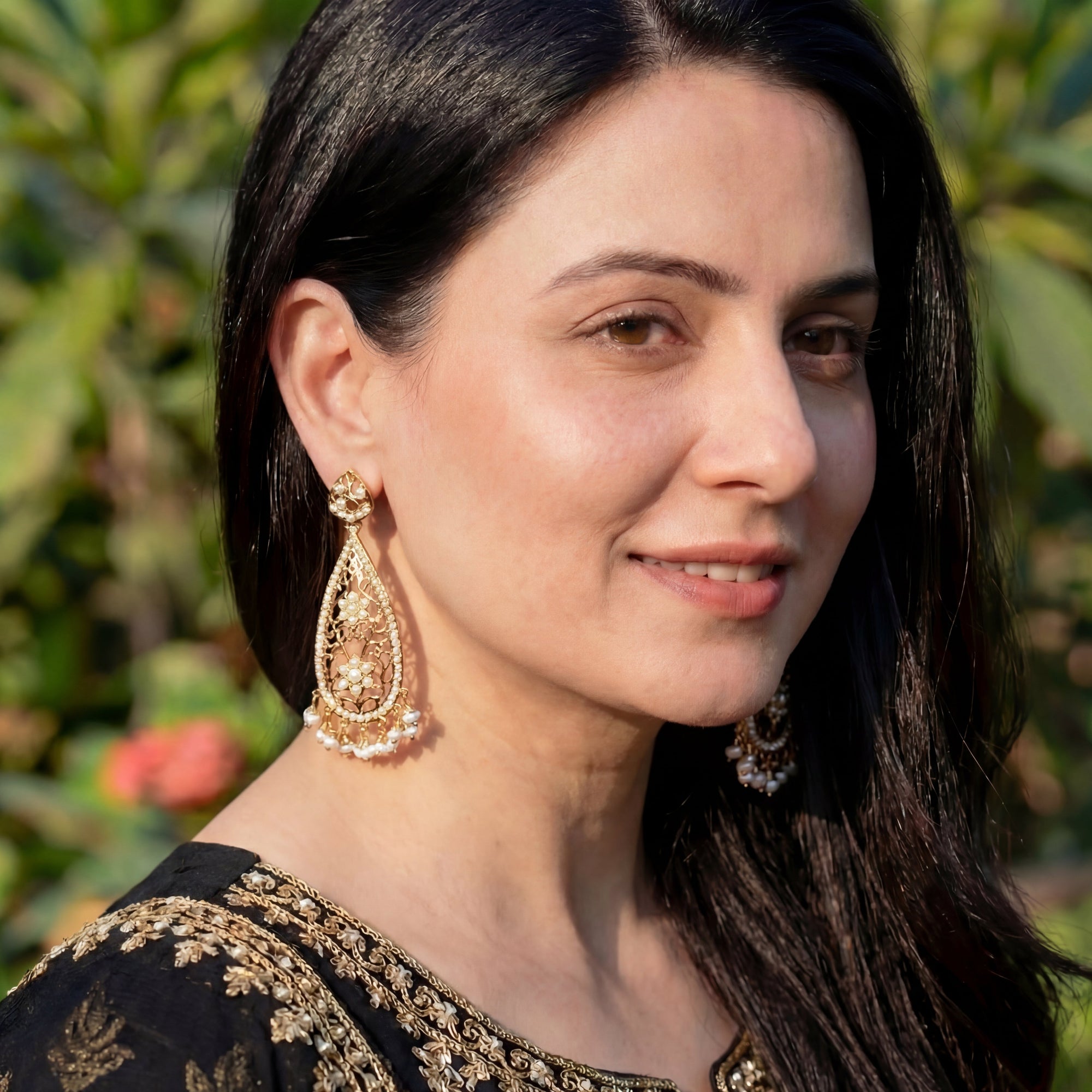 Drop Shaped Pearl Earrings | Gold Plated on Silver | Jadau Danglers ER 446