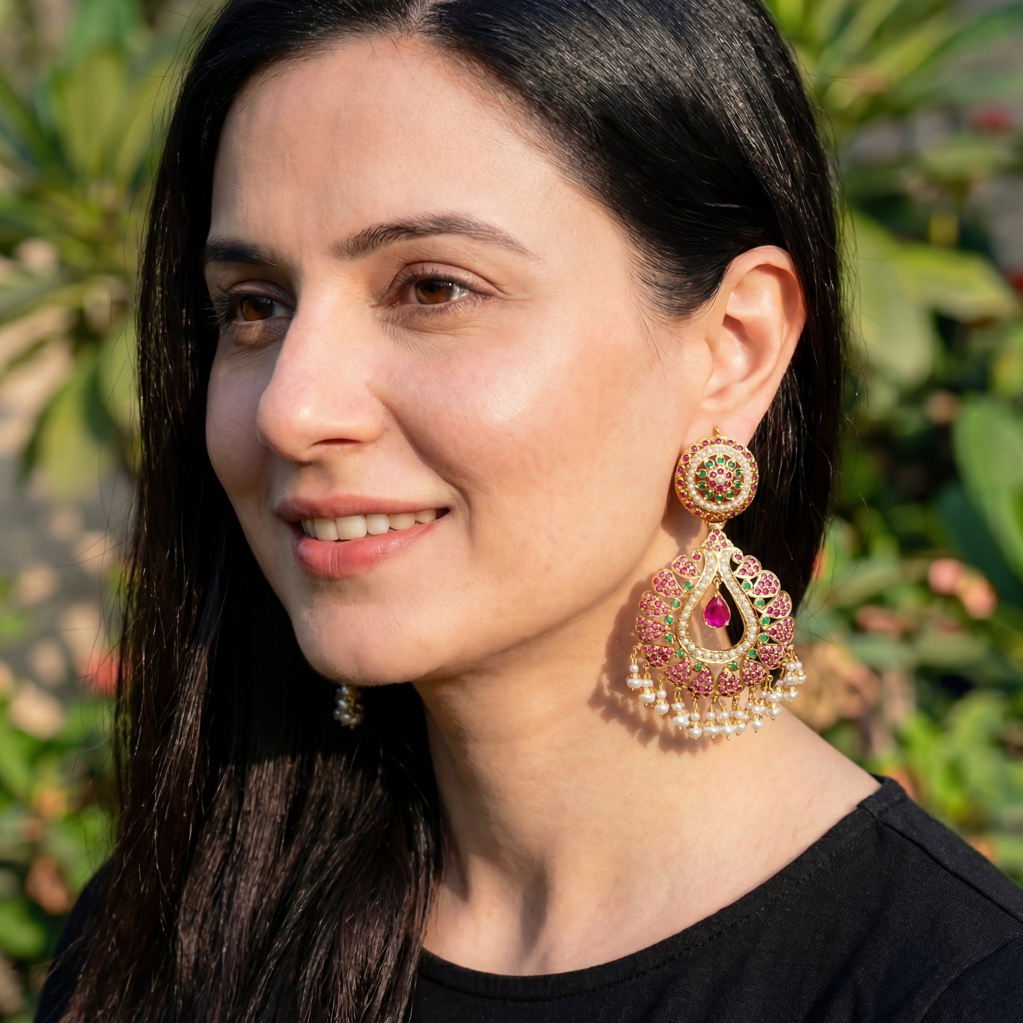 Ruby Emerald Pearl Chandbali | Gold Plated Silver | ER 435