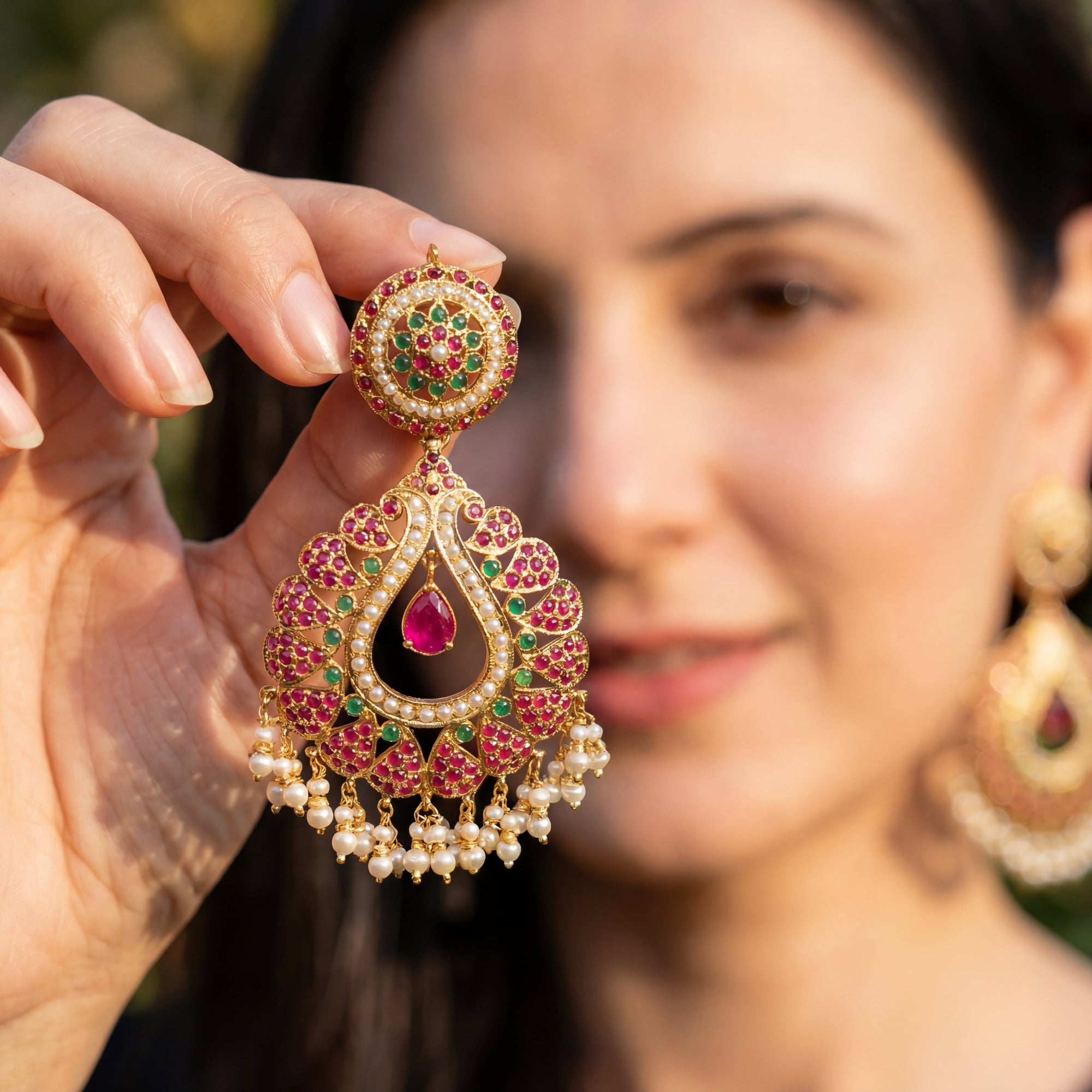 Ruby Emerald Pearl Chandbali | Gold Plated Silver | ER 435