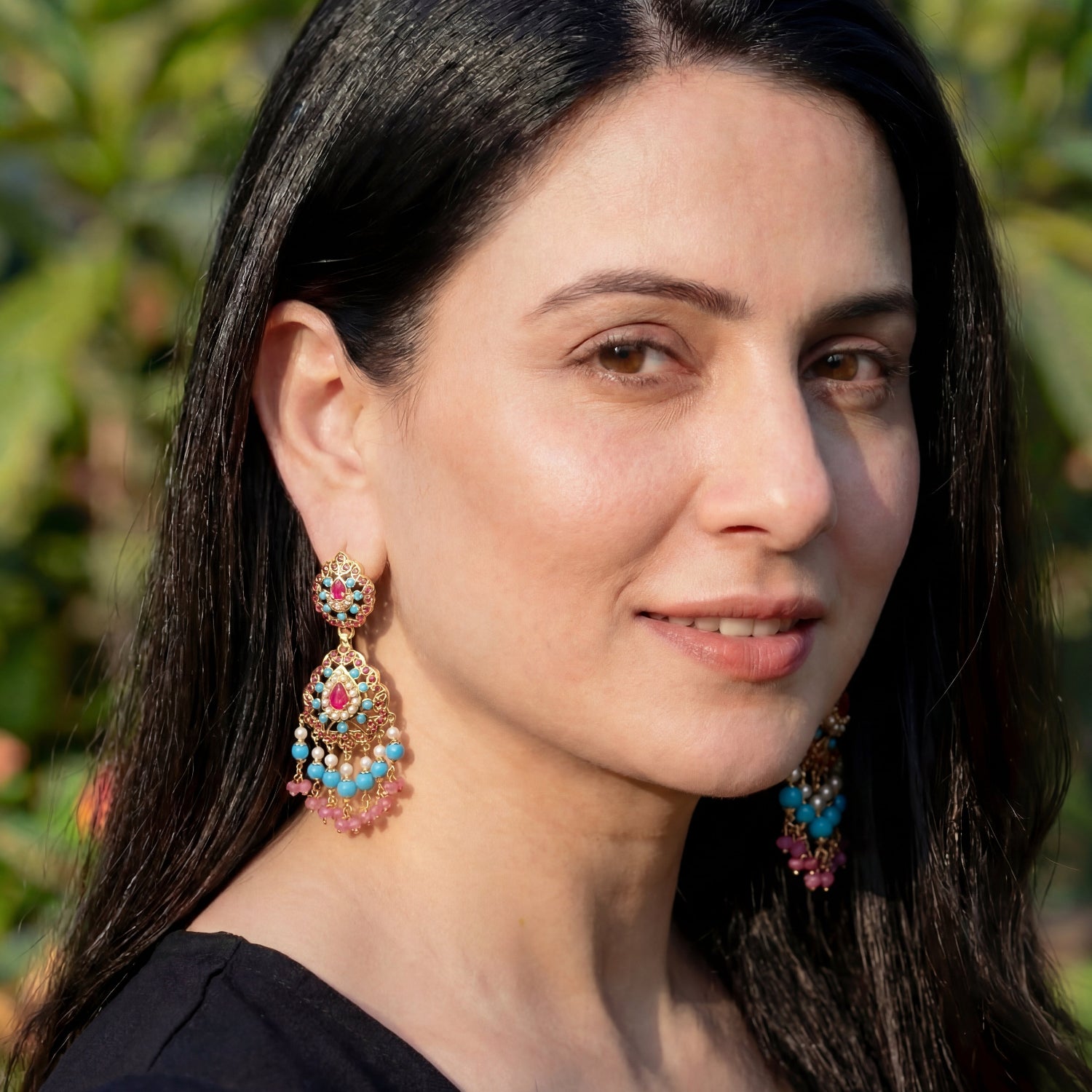 Ruby Turquoise and Pearl Earrings with Gold Plating on Sterling Silver | Hyderabadi Design ER 276