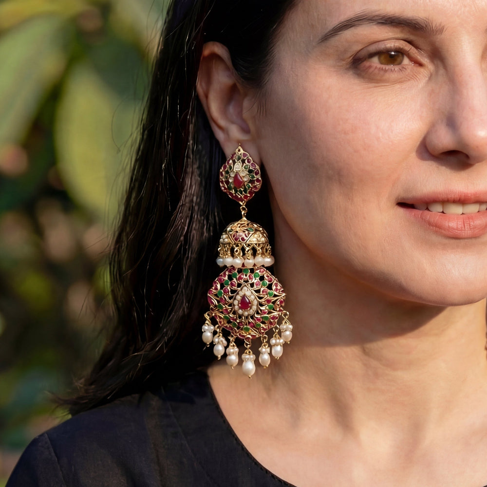 Long Ruby Emerald Jadau Jhumka | Gold Plated 925 Silver ER 021