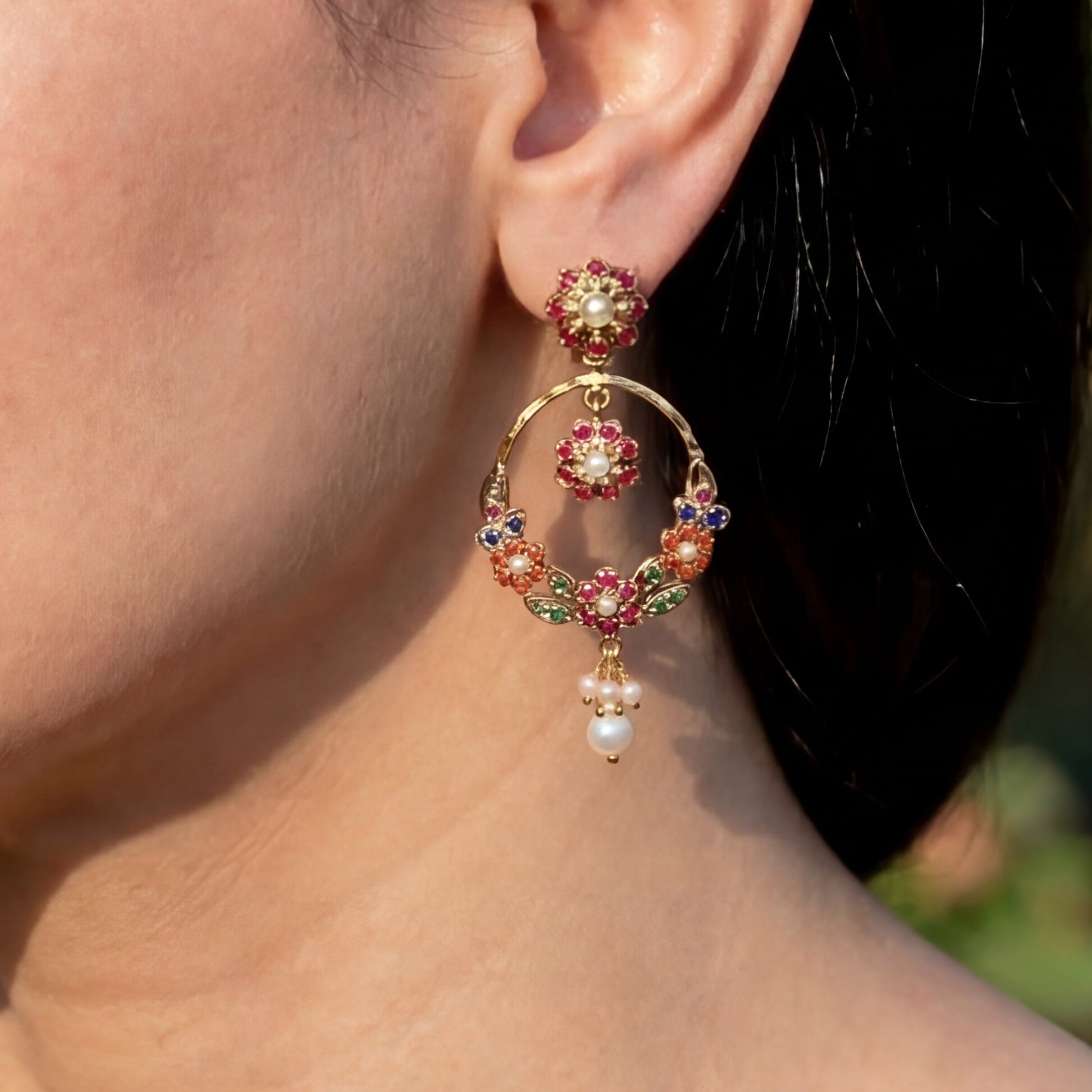 Cute Navratna Chandbali | Gold Plated Silver | Dainty Earrings Gift For Women ER 278