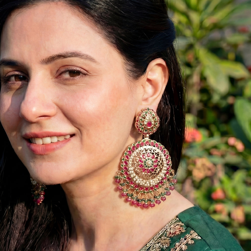 स्टेटमेंट जड़ाऊ झाला इयररिंग्स | महिलाओं के लिए | गोल्ड प्लेटेड सिल्वर ER 001