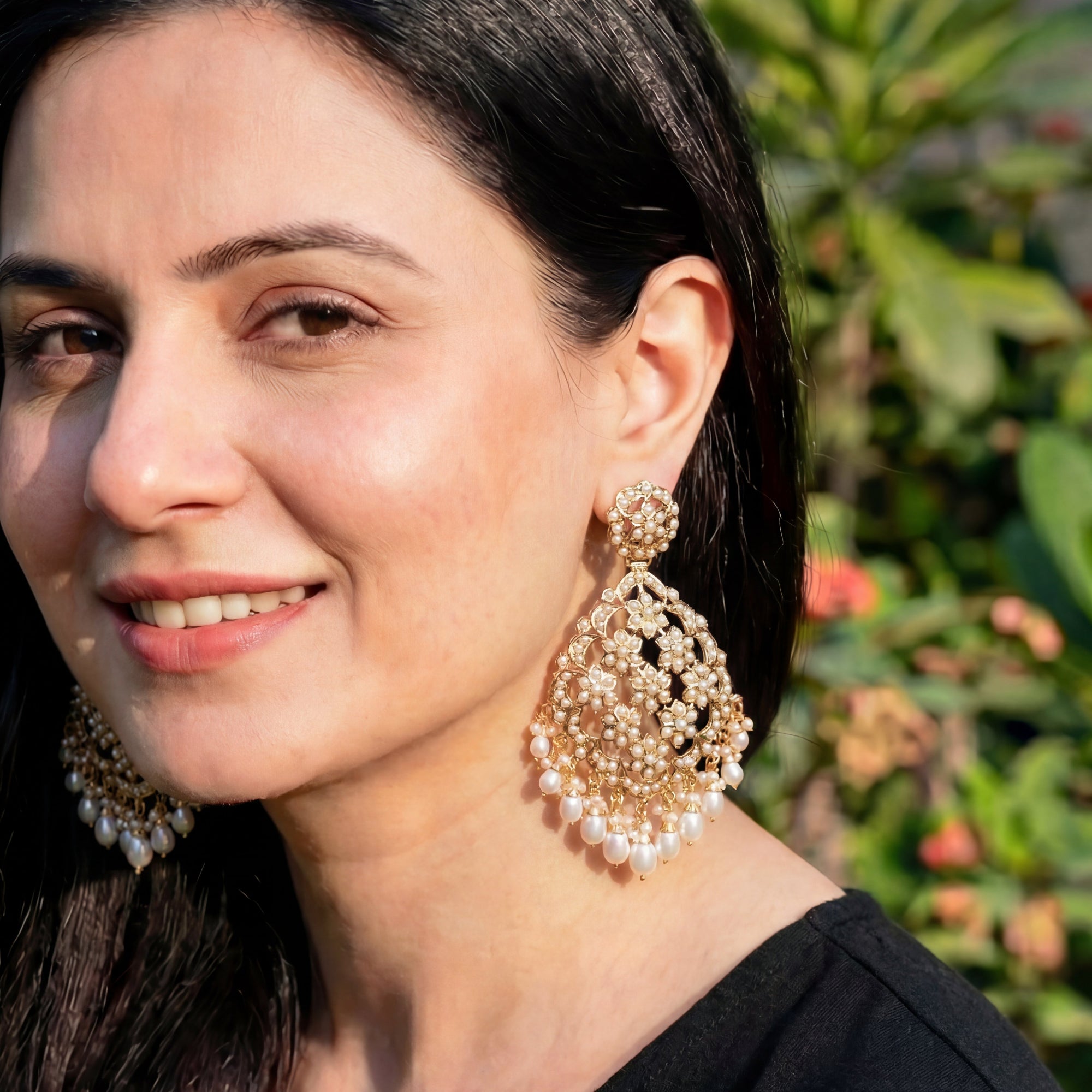 Floral Pearl Danglers | Statement Jadau Earrings | Gold Plated on Silver ER 430
