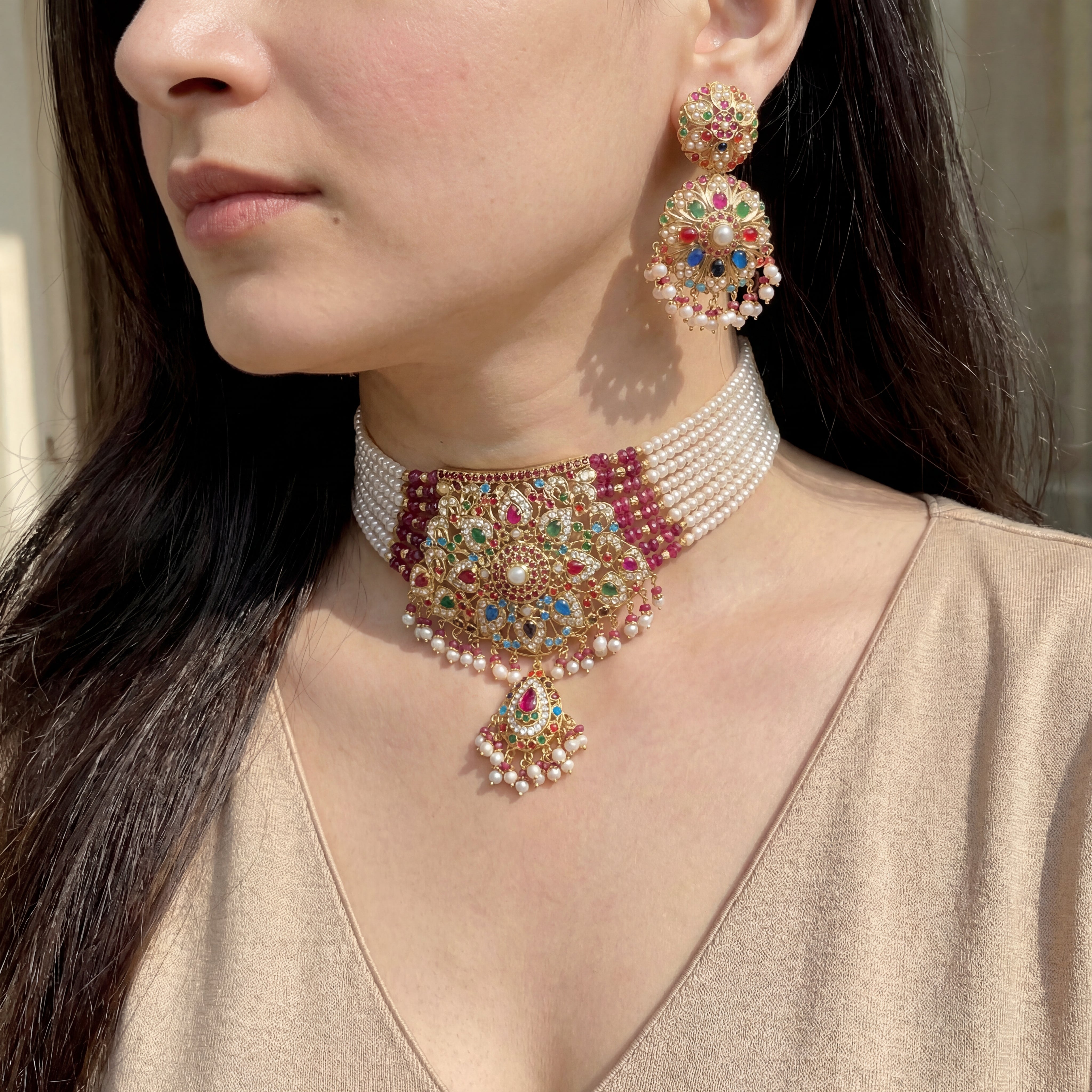 Enchanting Navratna Choker Set | Traditional Indian Jewelry on Silver Base NS 190A