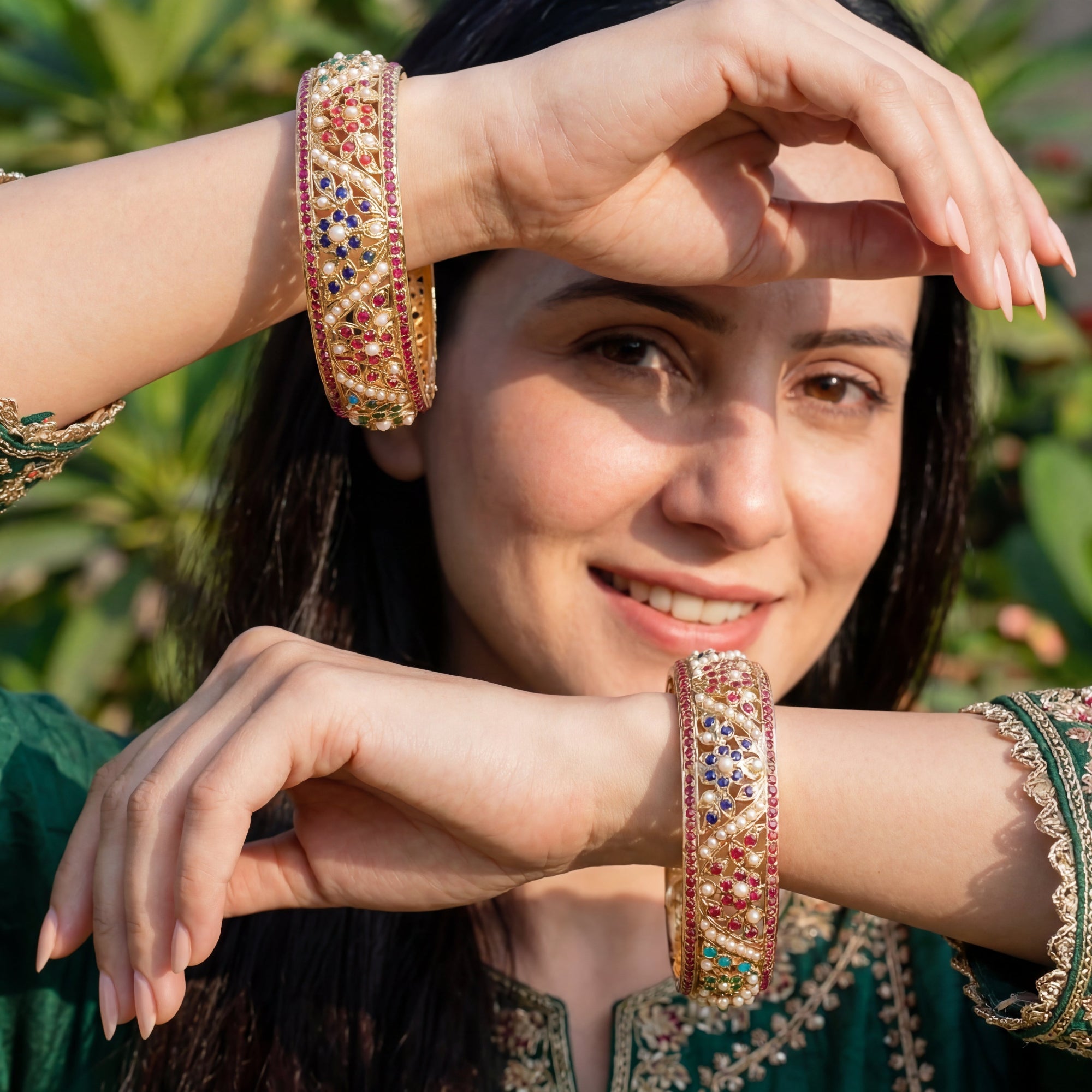 Exquisite Navratan Bangles | Gold Plated Classic Jadau Jewelry on Silver BG 098A