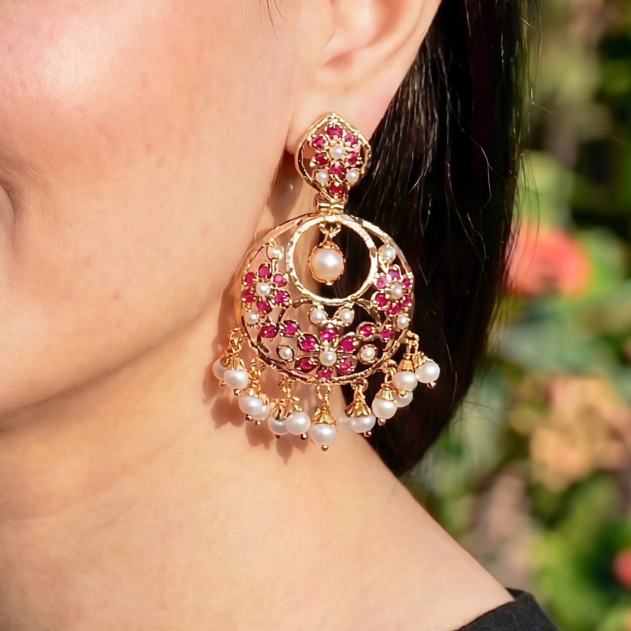 Delicate Ruby Pearl Chandbali Earrings | Gold Plated ER 438