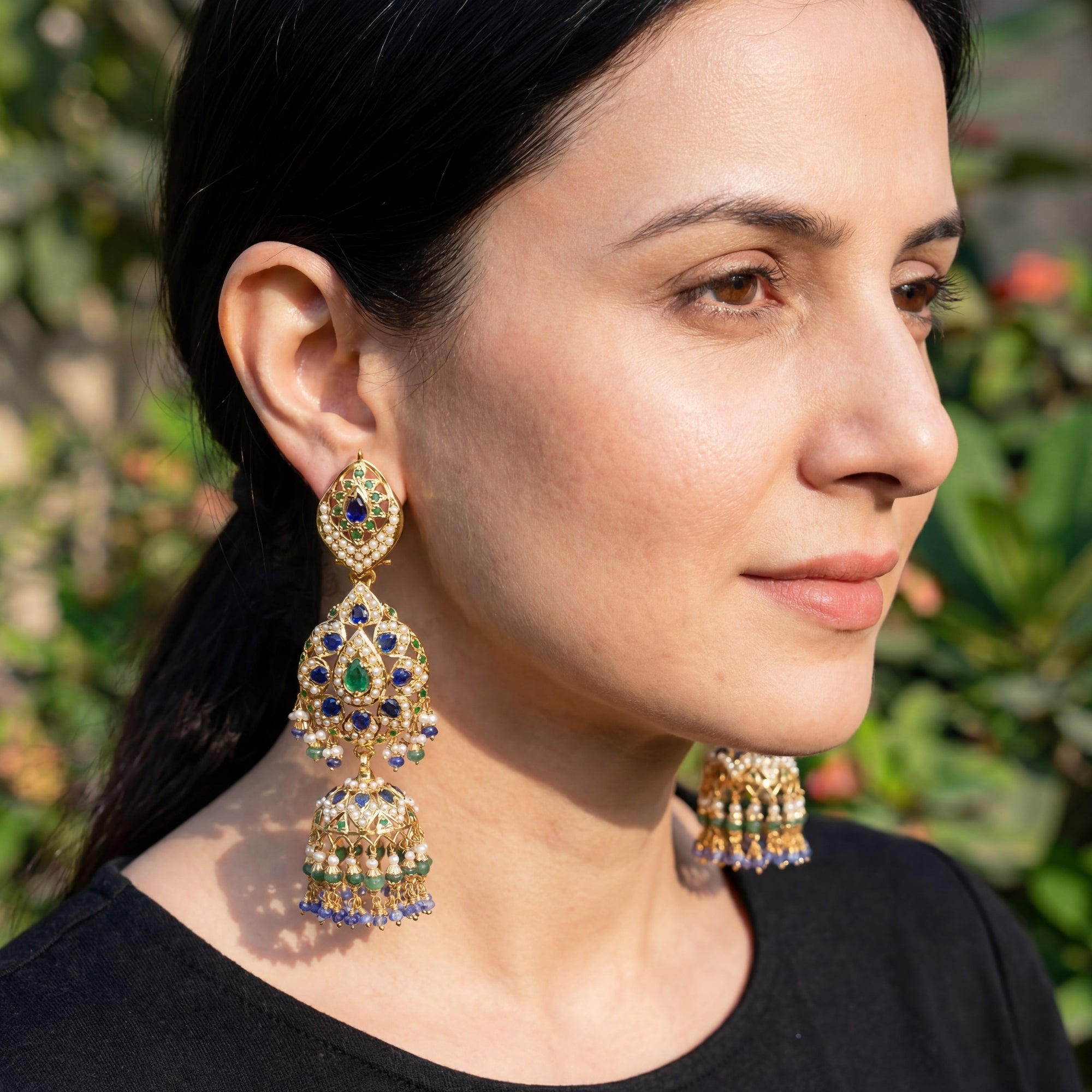 Long Sapphire Emerald Jhumka Earrings | Statement Earrings | Gold Plated ER 335