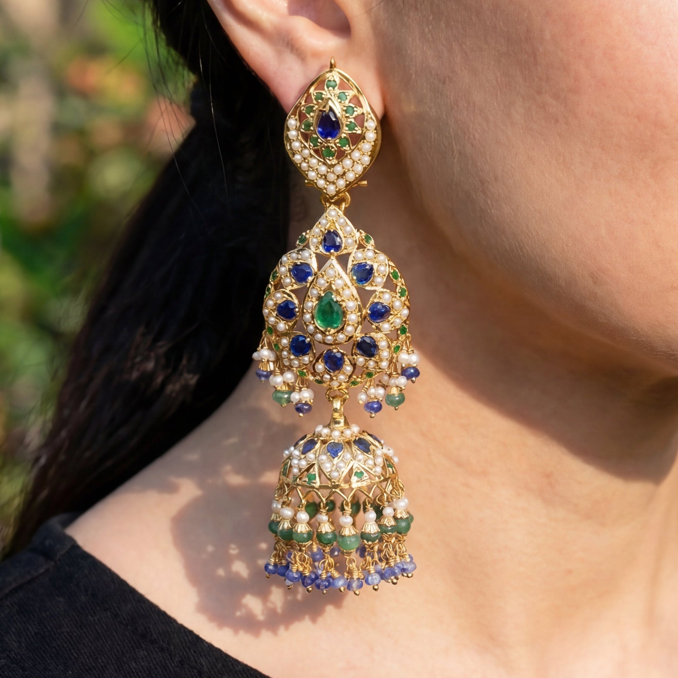 Long Sapphire Emerald Jhumka Earrings | Statement Earrings | Gold Plated ER 335