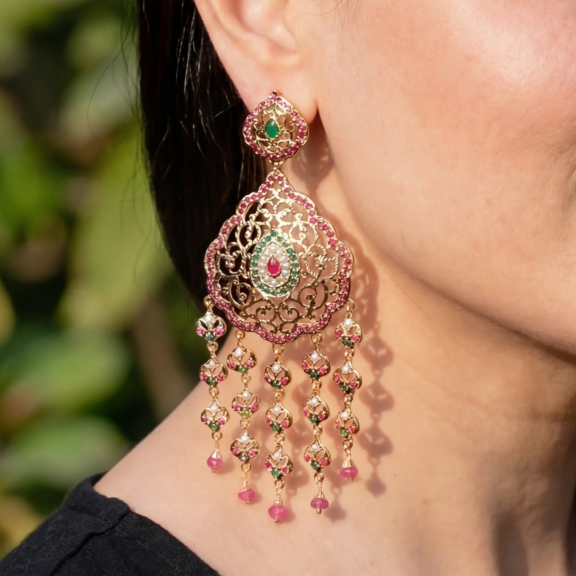 Statement Dangler Earrings | Gold Plated on Silver with Red Green Stones & Pearls | ER 602