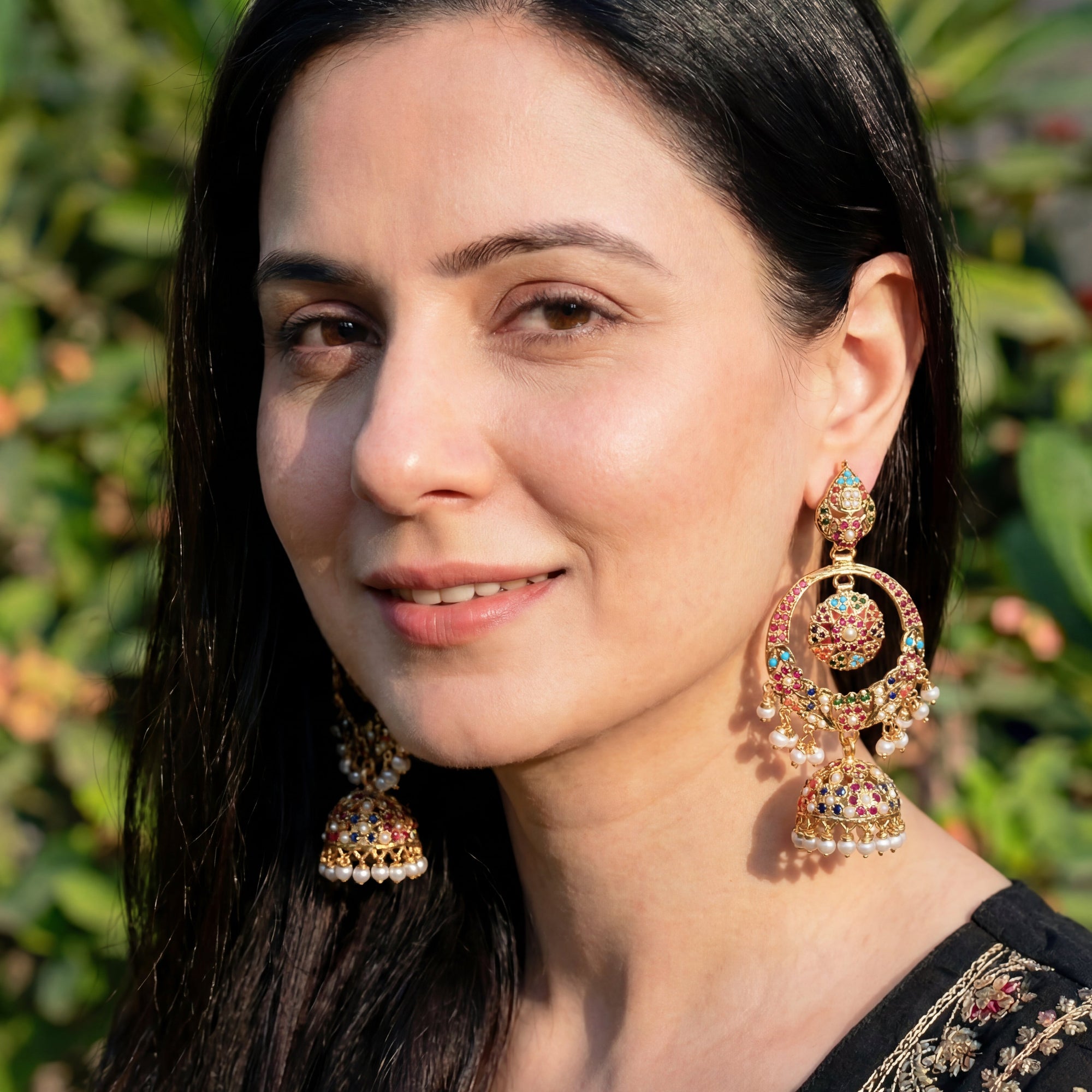 Navratna Jadau Chandbali With Jhumka | Gold Plated on Silver | ER 600