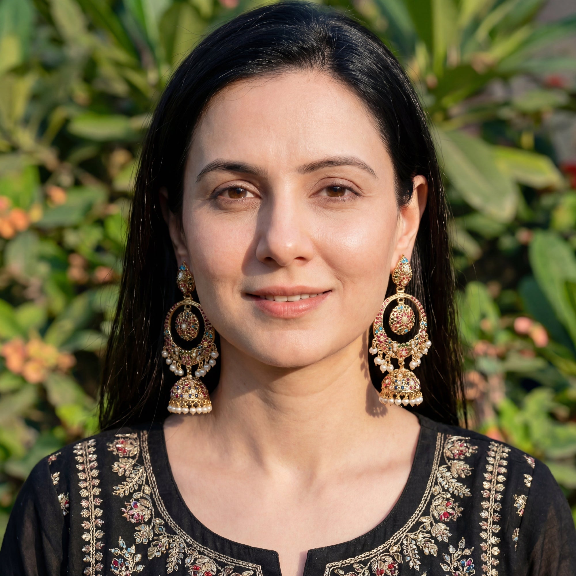 Navratna Jadau Chandbali With Jhumka | Gold Plated on Silver | ER 600