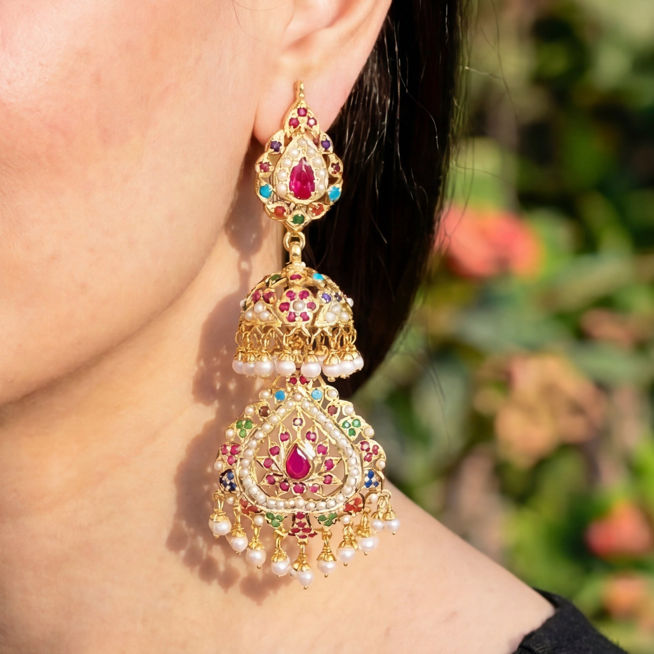 Long Navratna Jadau Jhumka Earrings | Gold Plated Silver ER 031
