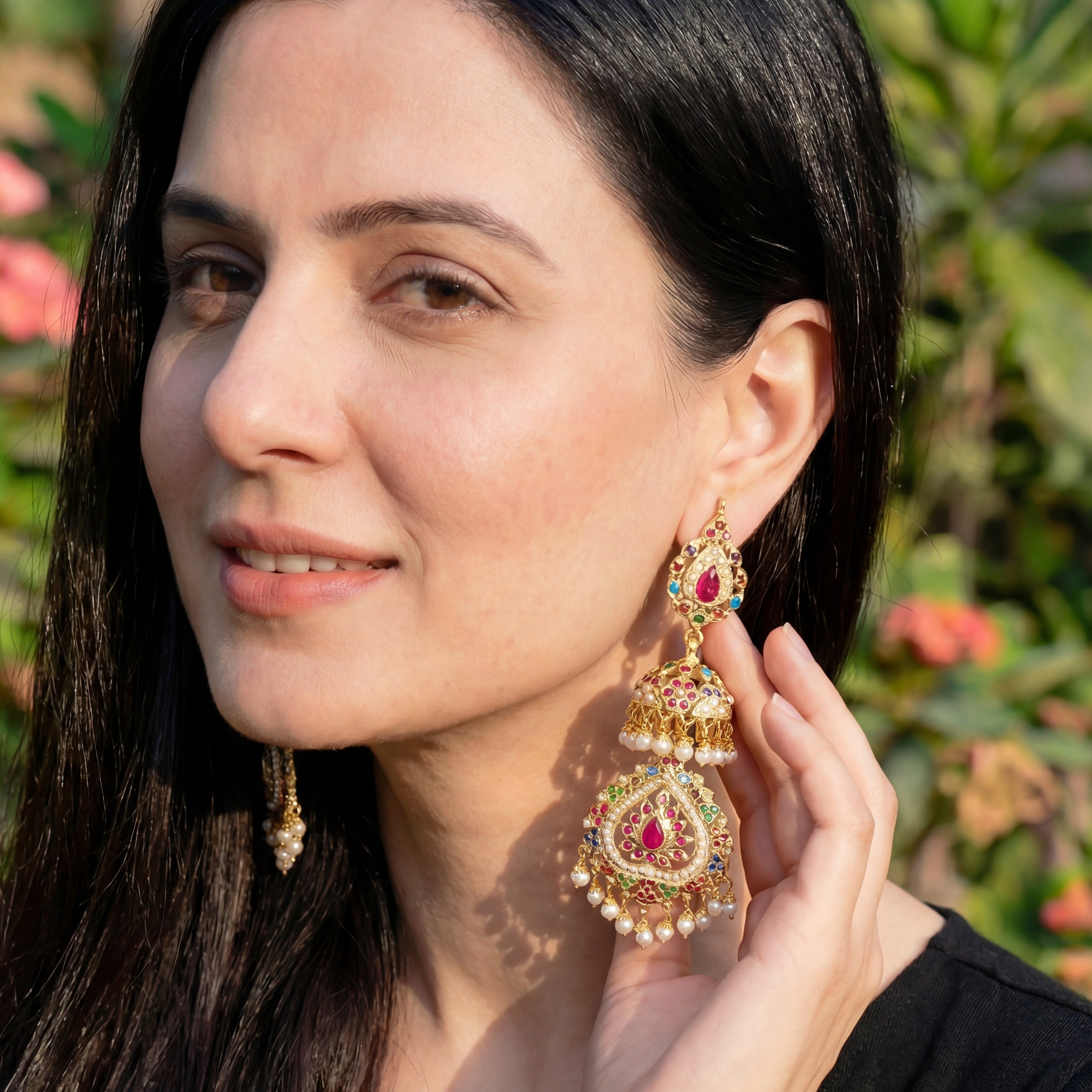 Long Navratna Jadau Jhumka Earrings | Gold Plated Silver ER 031