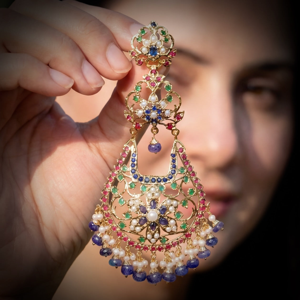 Gold Plated Chandelier Earrings | Shoulder Duster Jadau Earrings ER 599