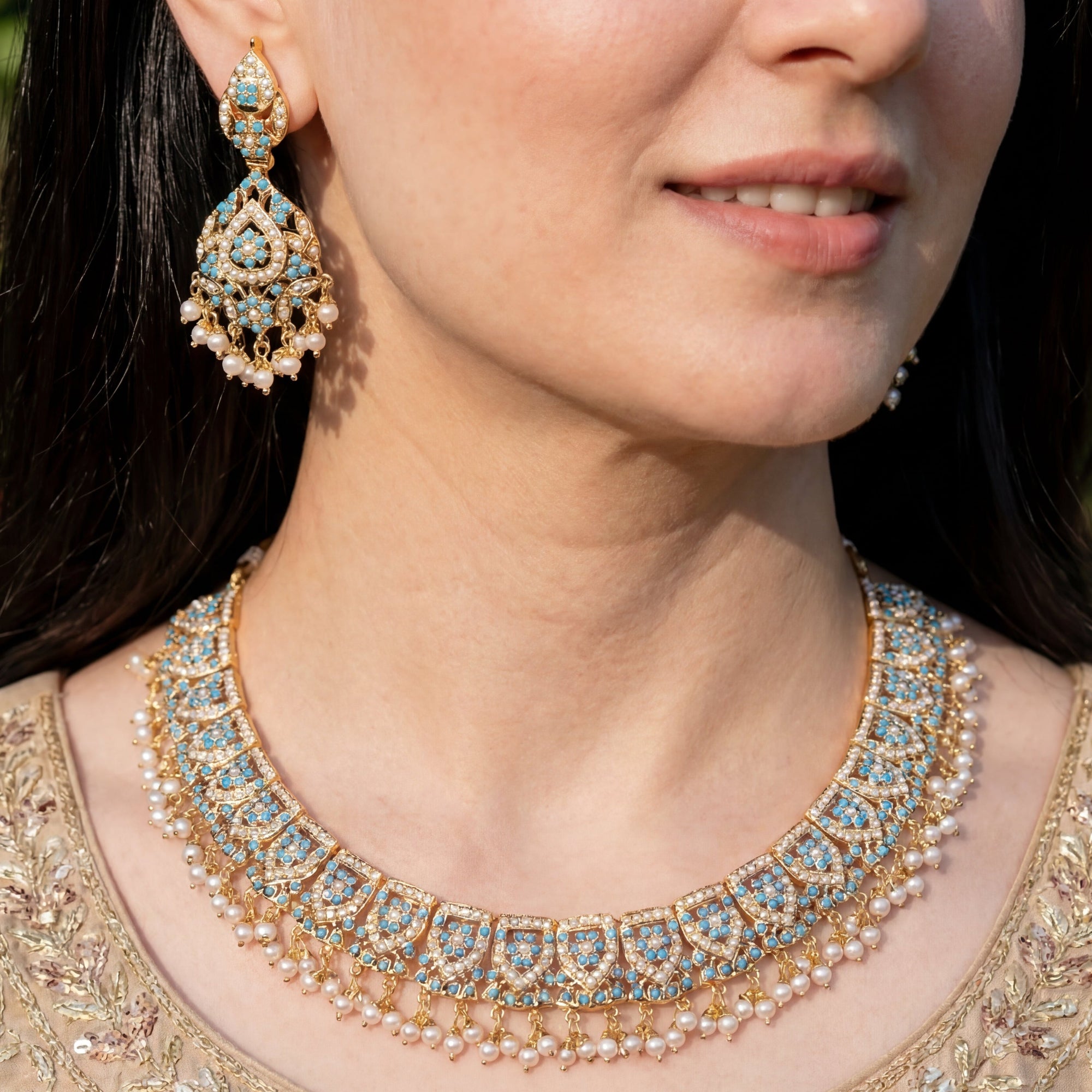 Classy Pearl & Feroza Necklace Set | Fine Indian Jewelry | Gold Plated Silver NS 403