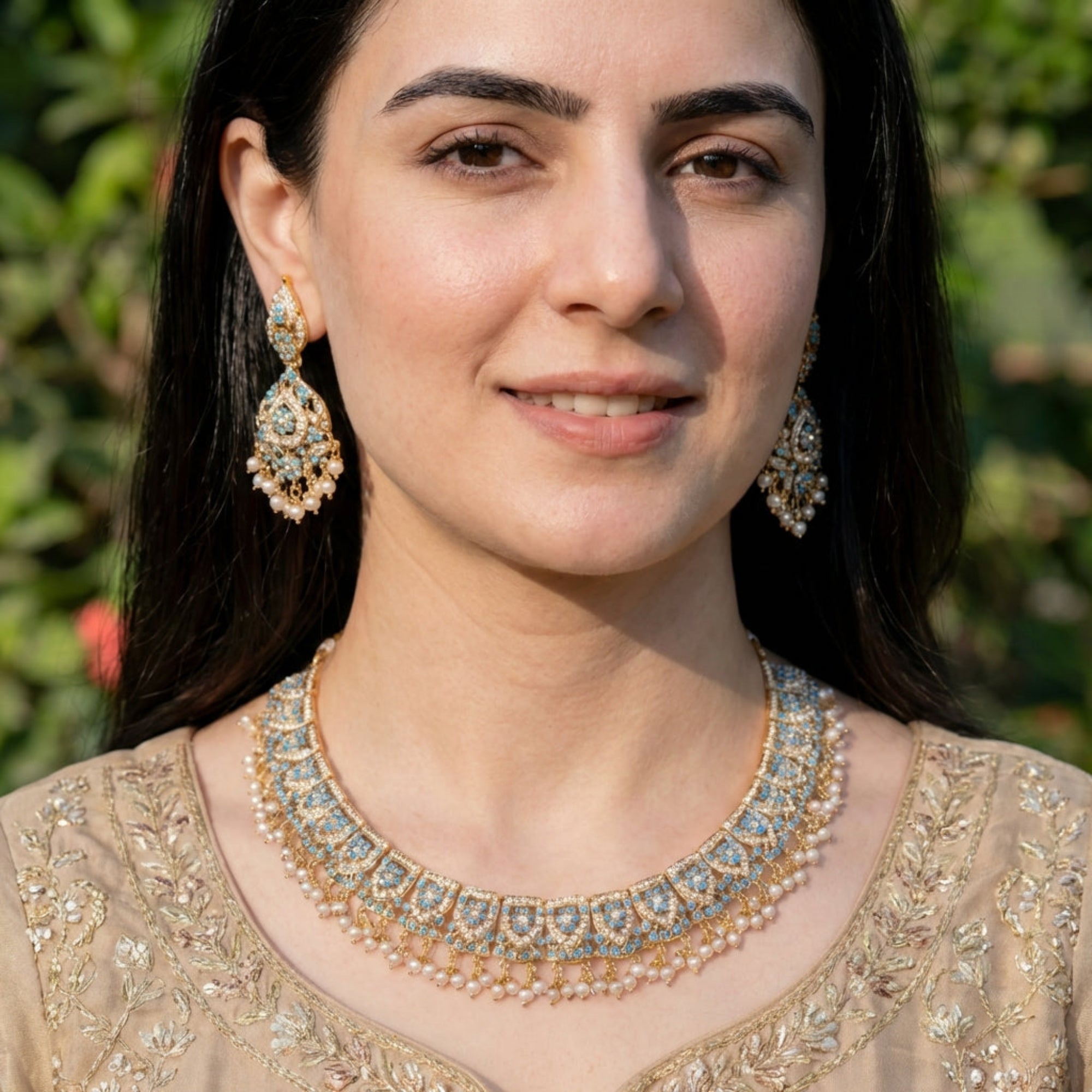 Classy Pearl & Feroza Necklace Set | Fine Indian Jewelry | Gold Plated Silver NS 403