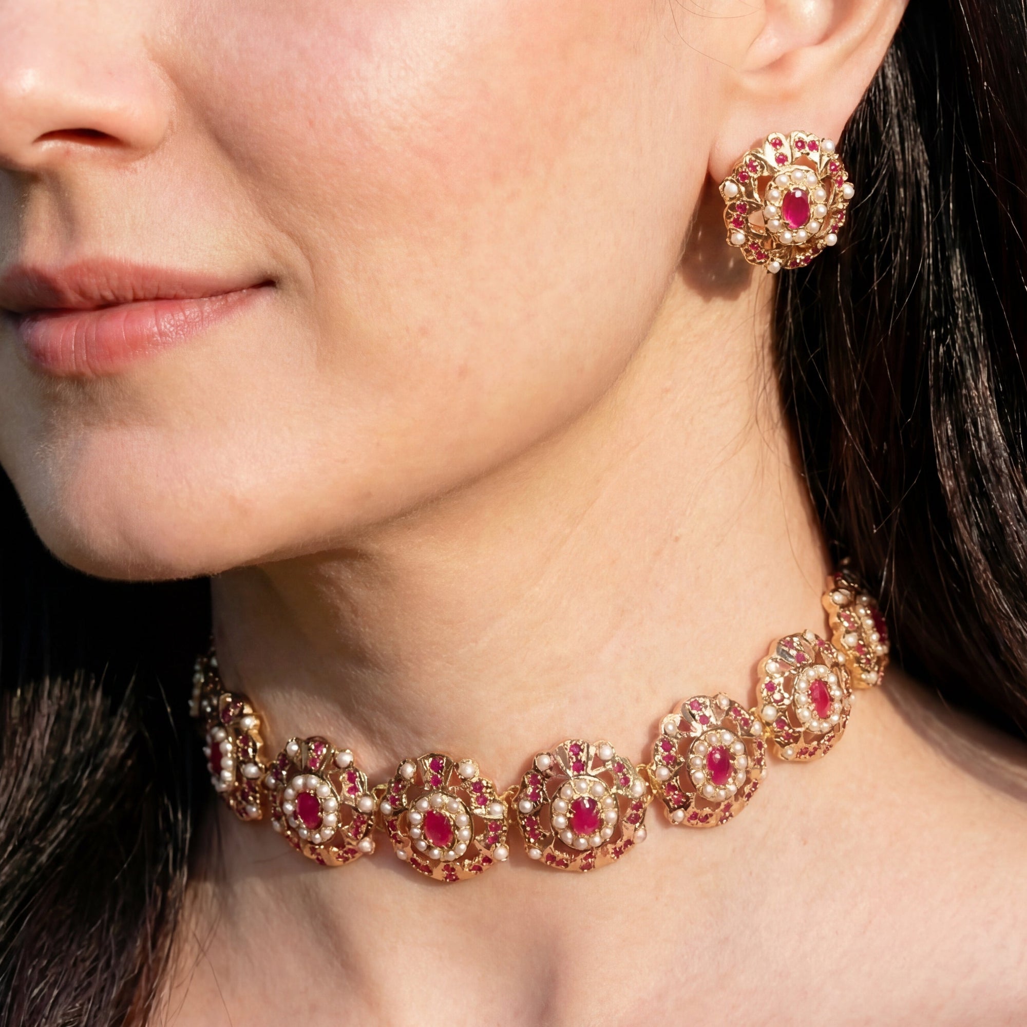 Delicate Indian Choker Set | Pearl Ruby Combination | Gold Plated on Silver NS 389