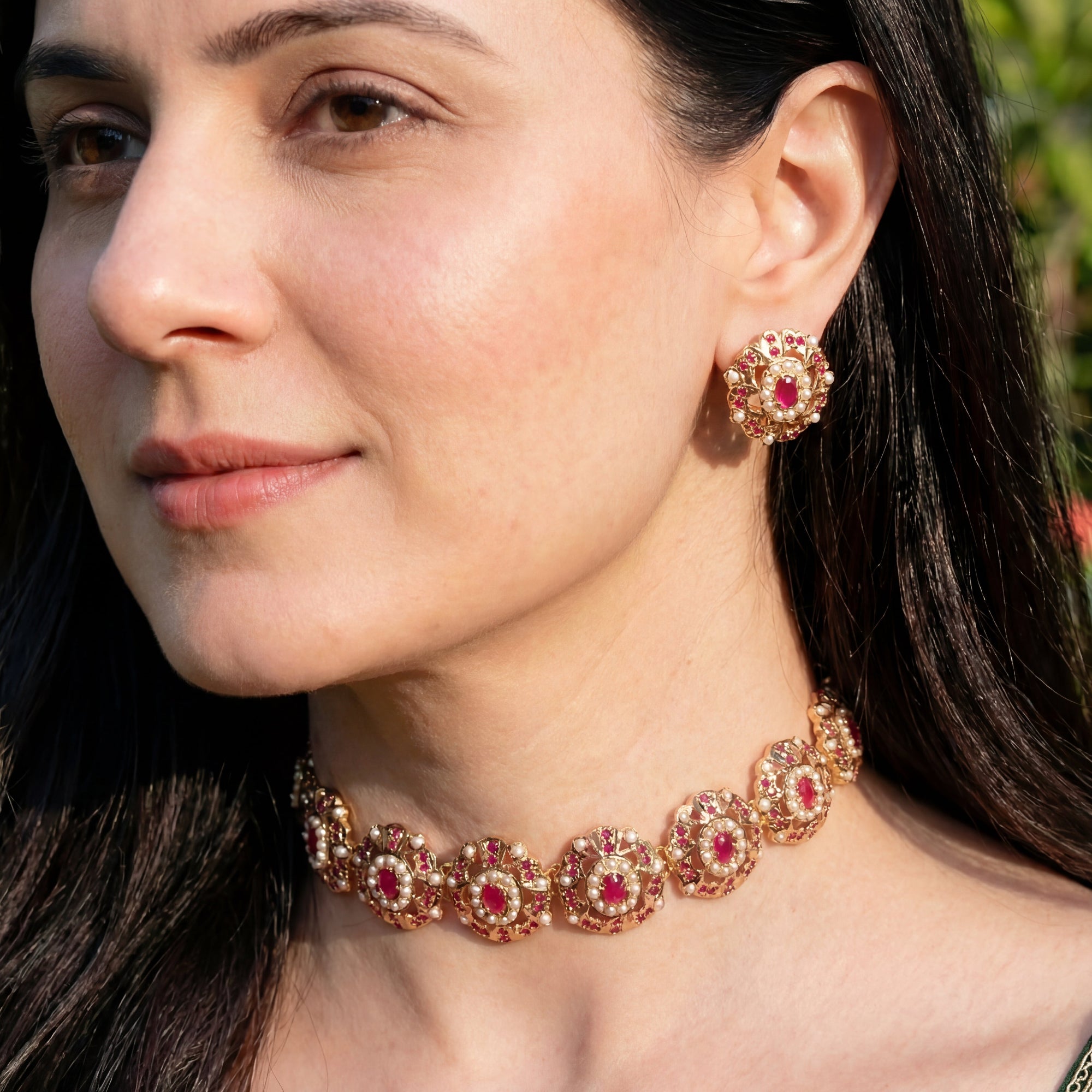 Delicate Indian Choker Set | Pearl Ruby Combination | Gold Plated on Silver NS 389