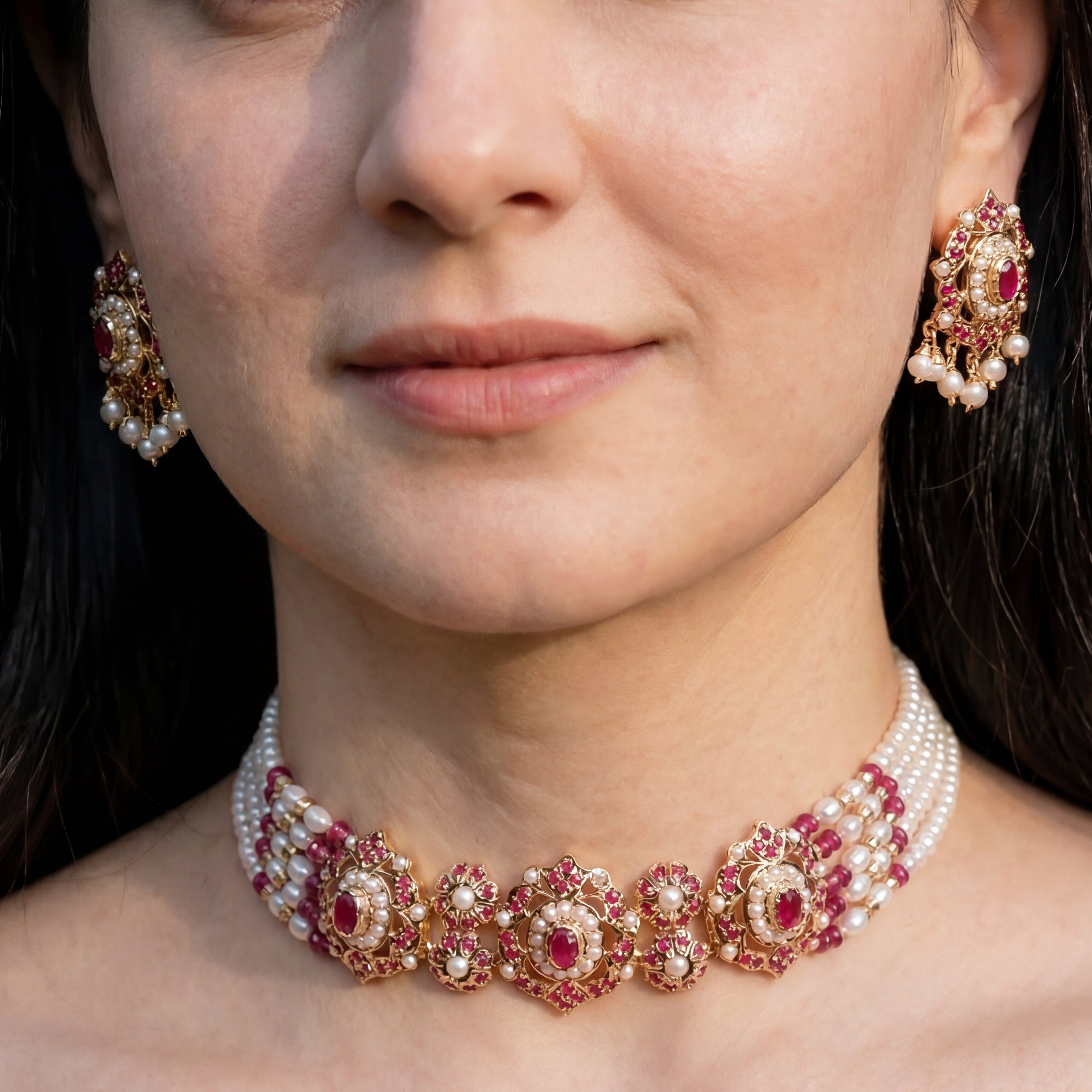 Choker Set For Women | Gold Plated on Silver | Ruby Pearl Combination NS 381
