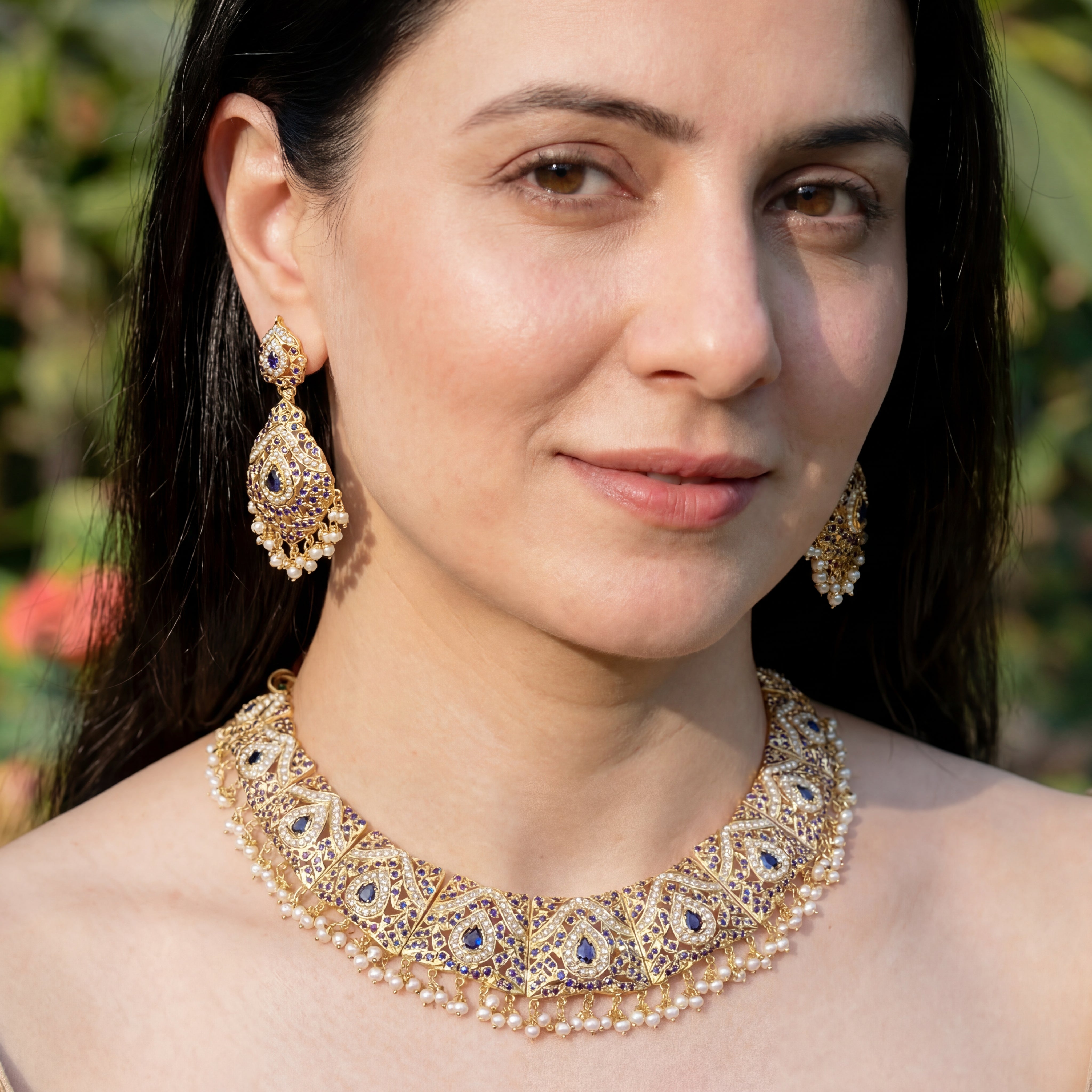 బంగారు పూత పూసిన పంజాబు జదౌ నెక్లెస్ సెట్ | మంచినీటి పెర్ల్ జ్యువెలరీ NS 194