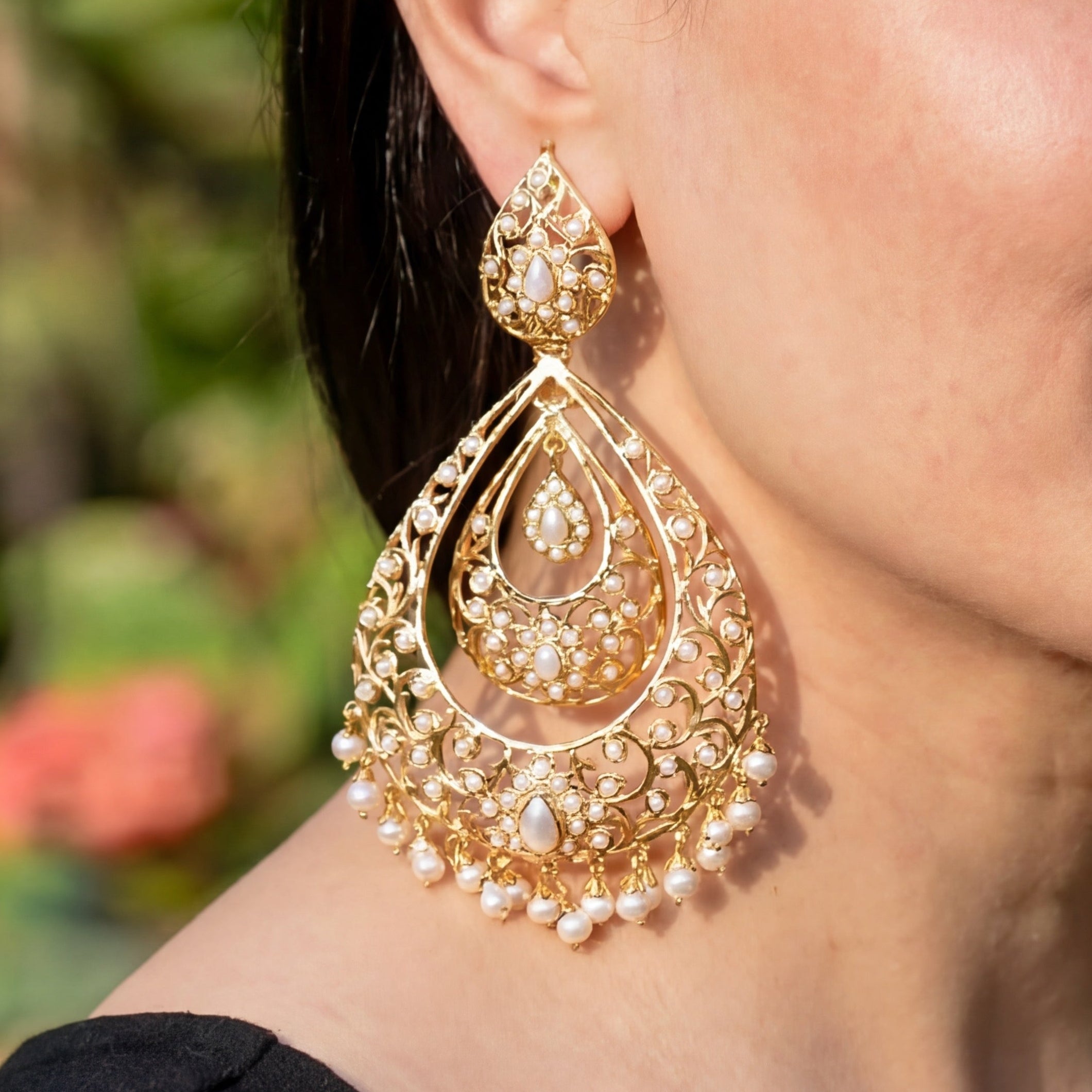 Long Drop Shaped Pearl Chandbali Earrings | Antique Style Design on Silver ER 160