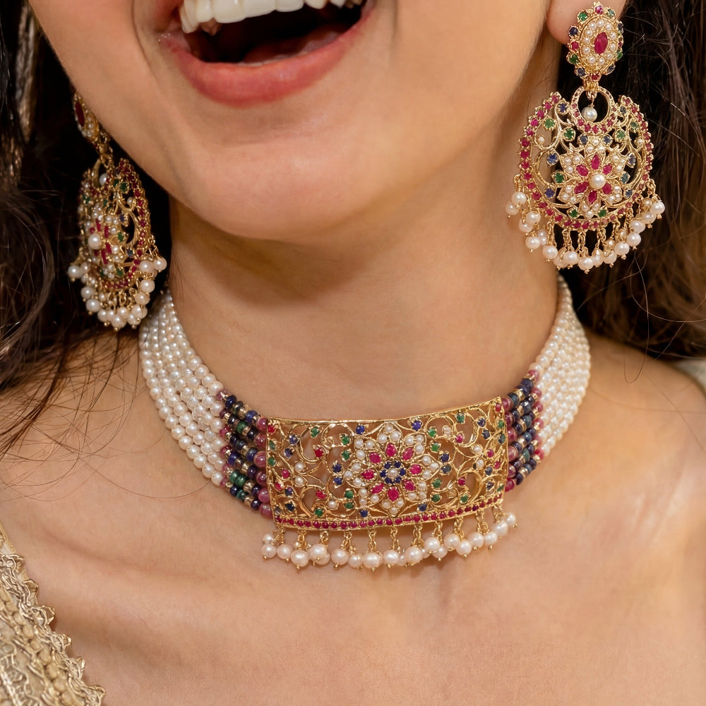 Multicolored Jadau Choker Set | Ethnic Indian Fashion Jewelry on Silver Base NS 416