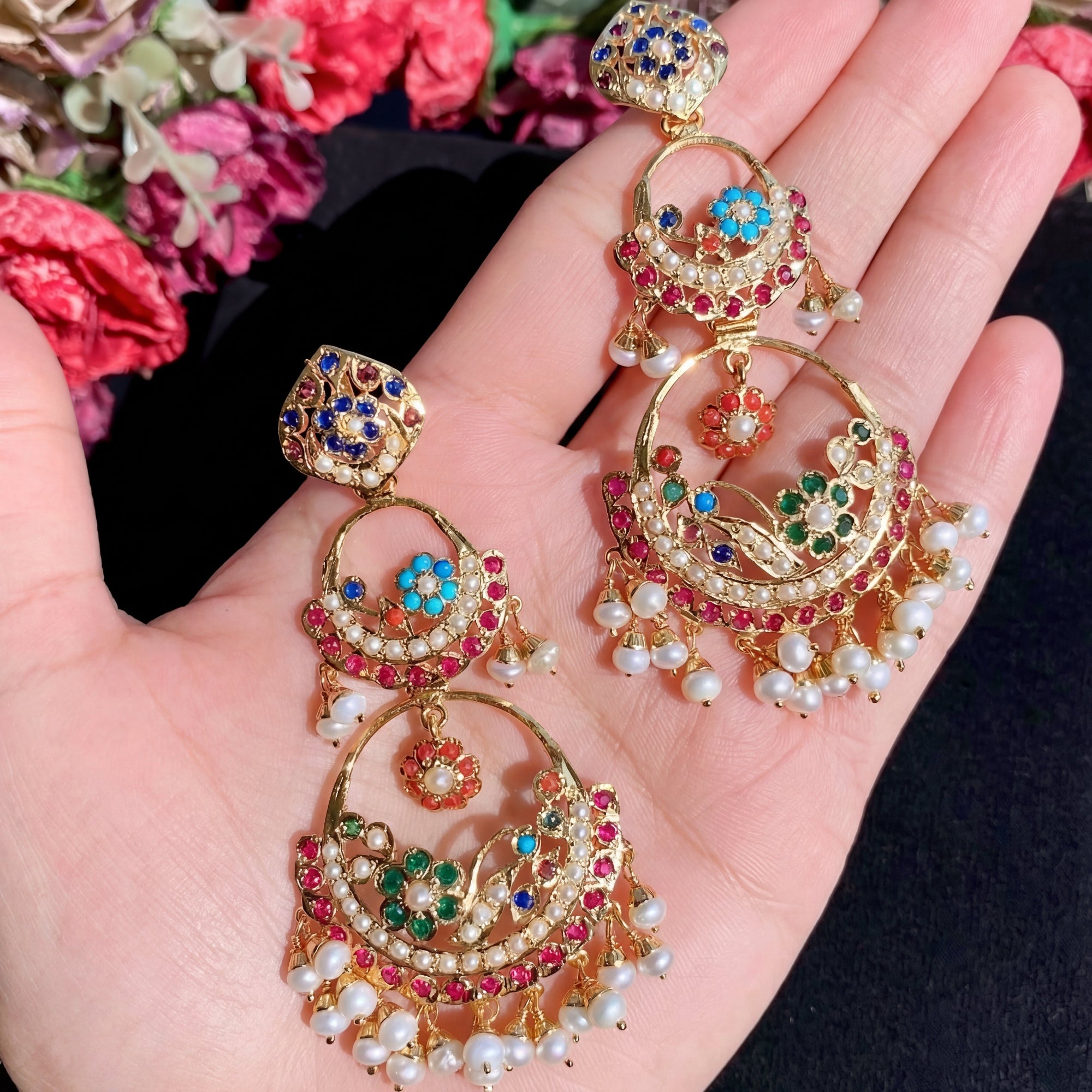 Double Chandbali Earrings in Navratna Colors | Gold Plated on Silver ER 637