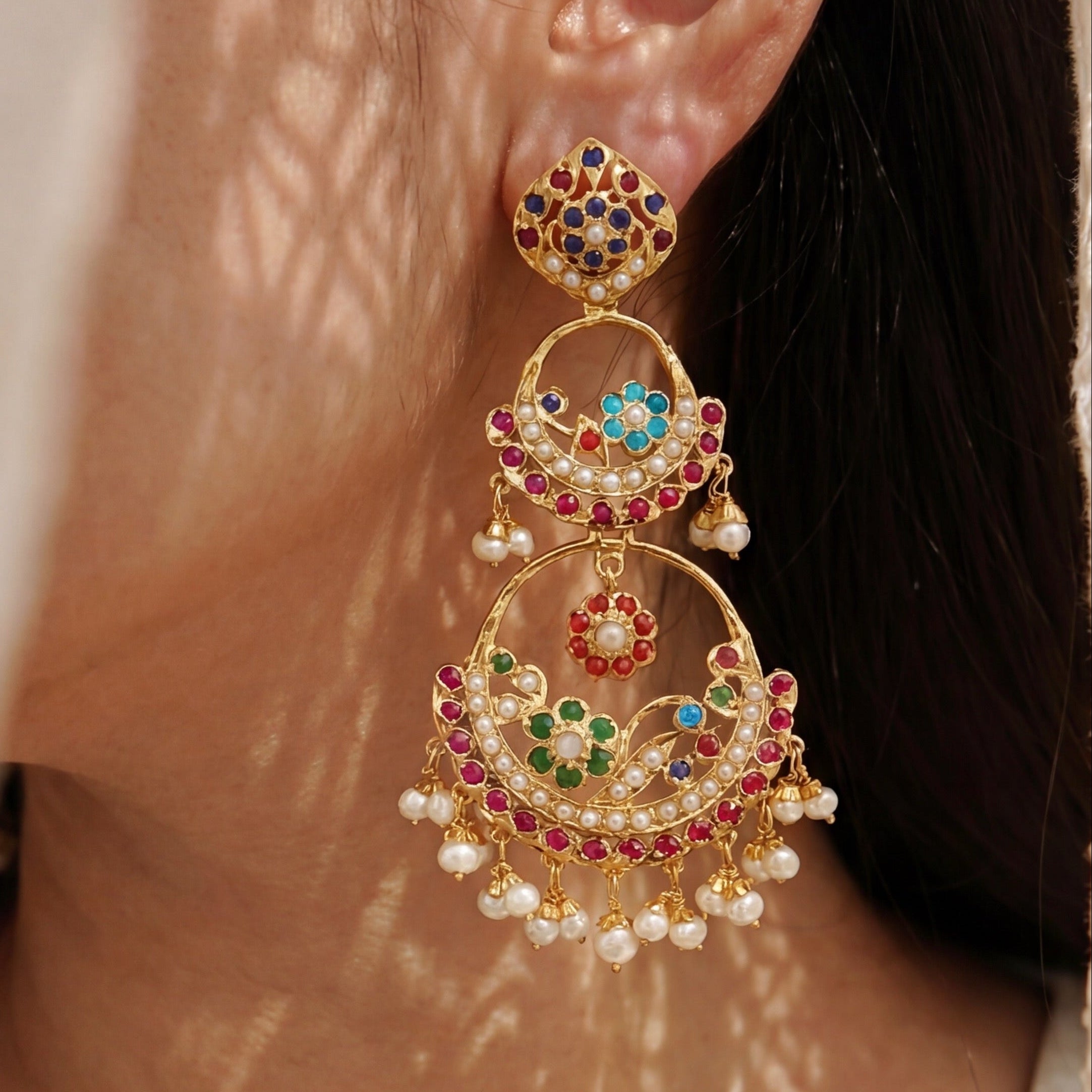 Double Chandbali Earrings in Navratna Colors | Gold Plated on Silver ER 637
