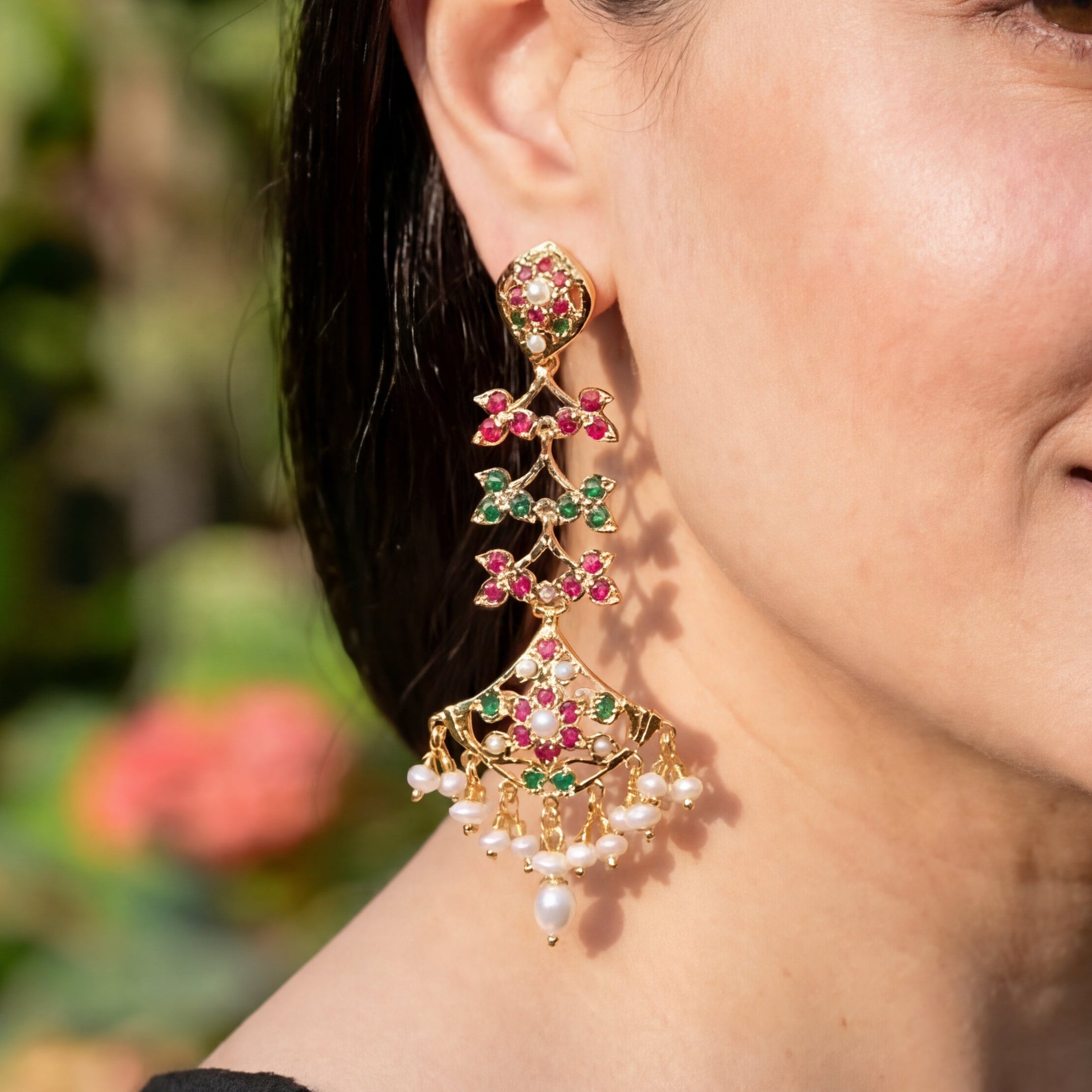 Long Ruby Emerald Danglers For Women | Gold Plated on Silver ER 615