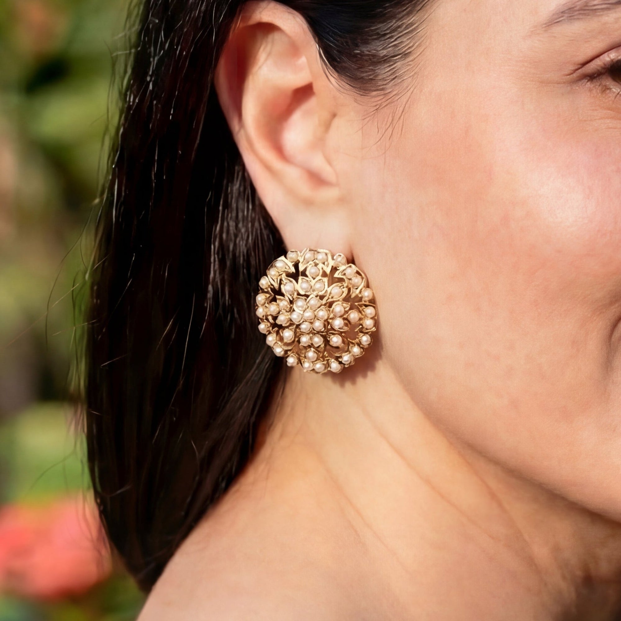 Sober and Sophisticated Pearl Stud Earrings | Gold Plated Silver | Classic Amritsari Jadau Art ER 575