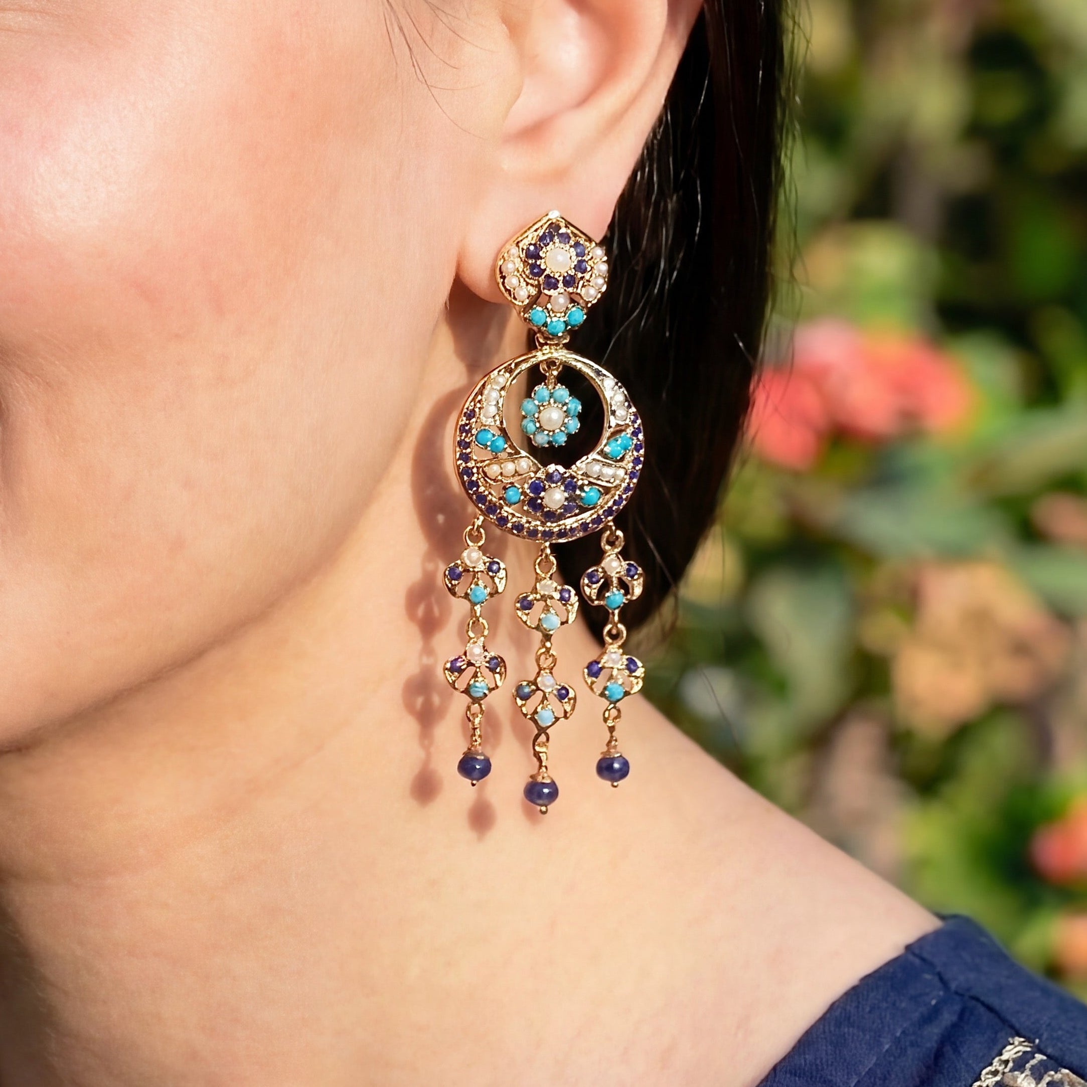 Blue Chandbali Earrings | Long Jadau Earrings on Silver Base with Gold Plating ER 631