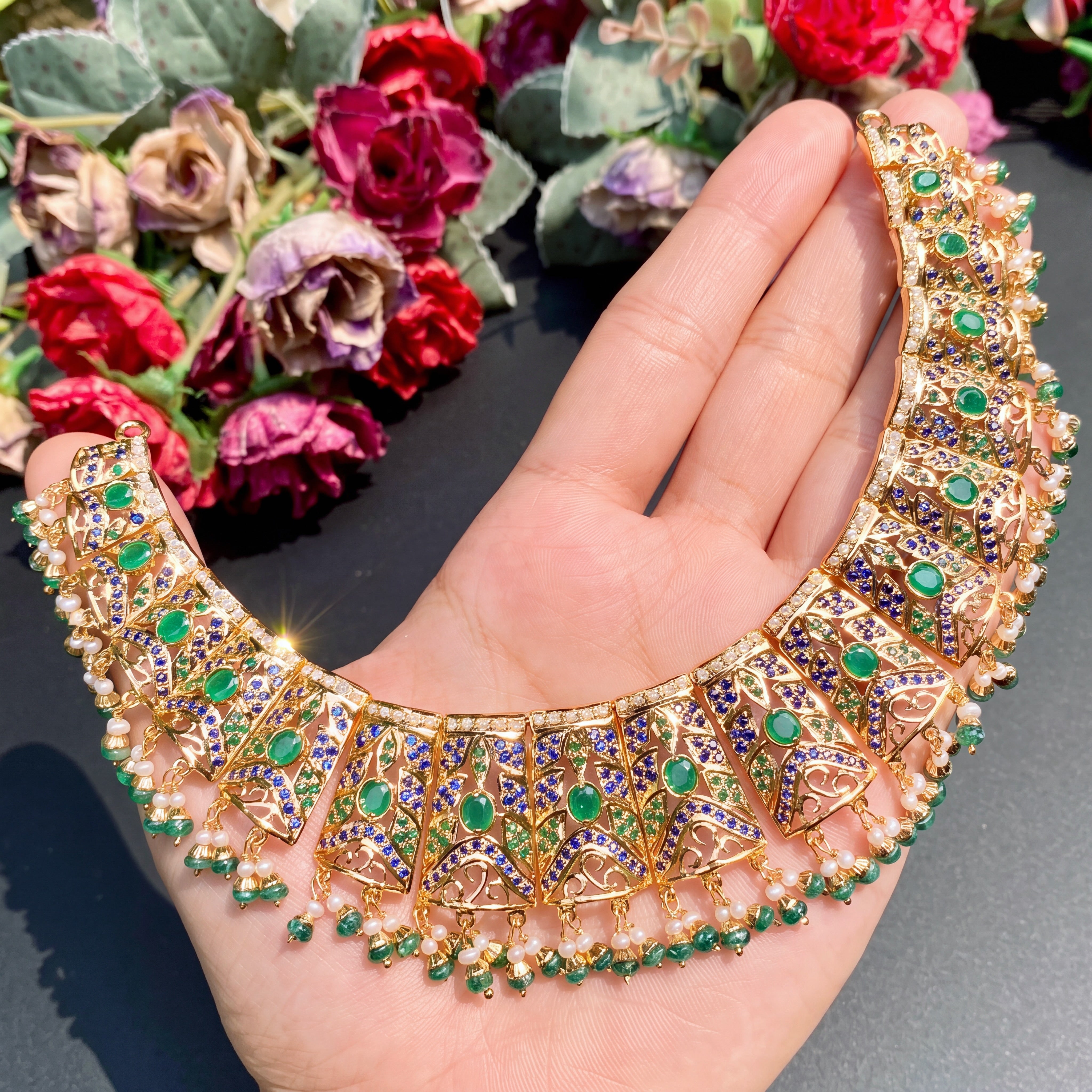 Gold Plated Jadau Necklace Set | 925 Silver Necklace Set NS 173