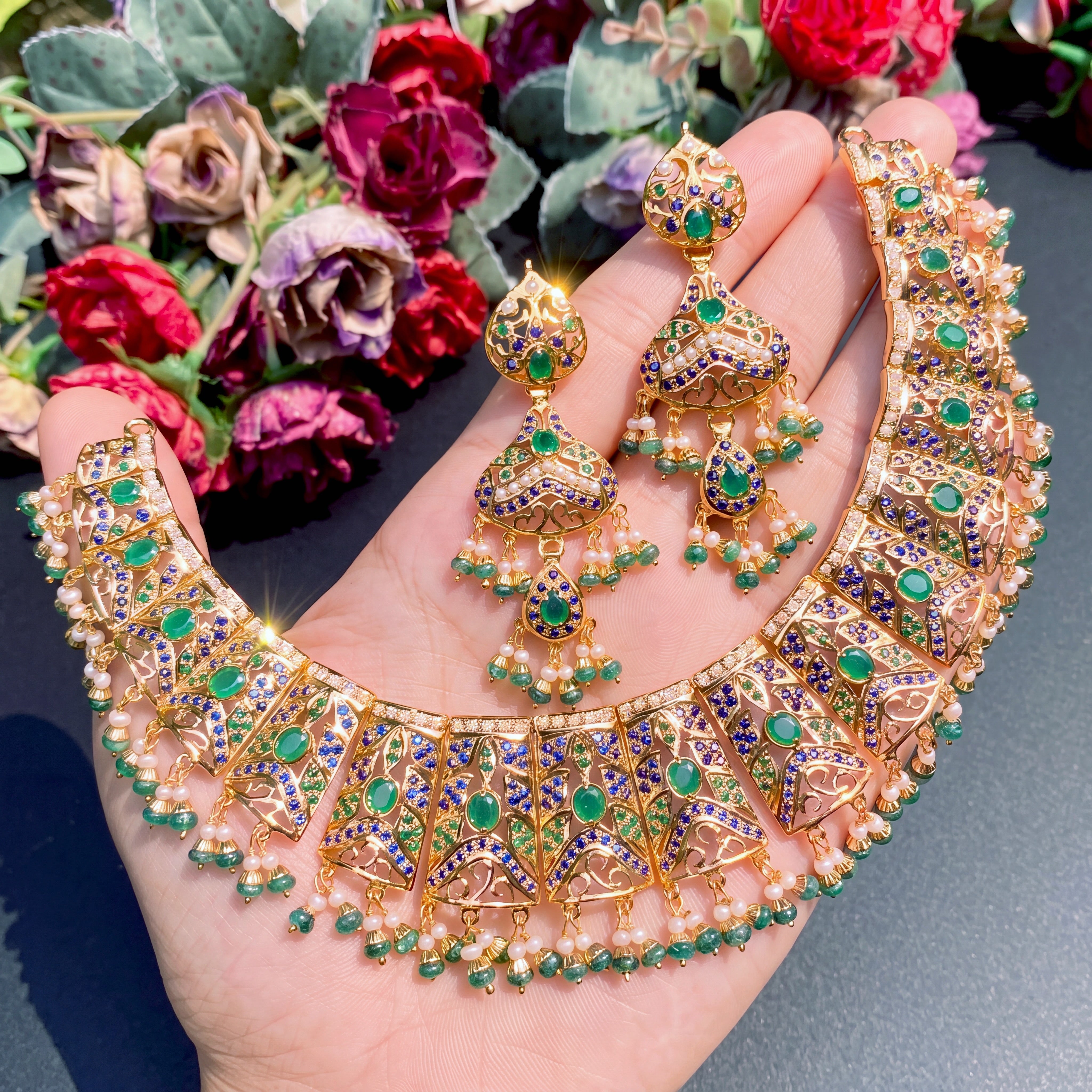 Gold Plated Jadau Necklace Set | 925 Silver Necklace Set NS 173