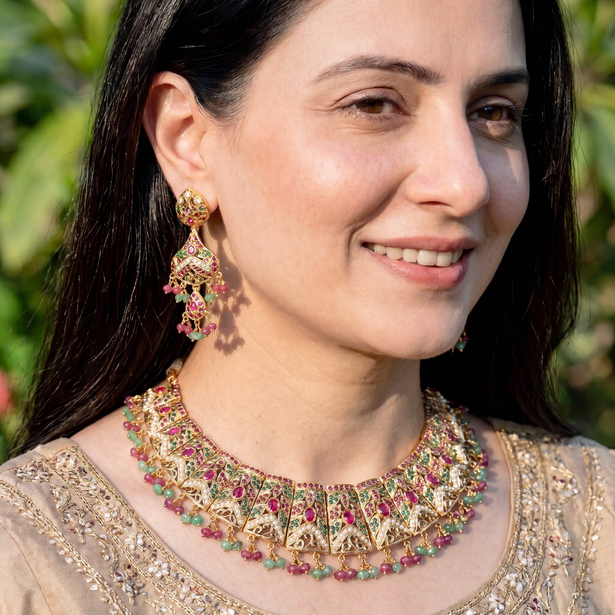 Gold Plated Jadau Necklace Set in Silver NS 054