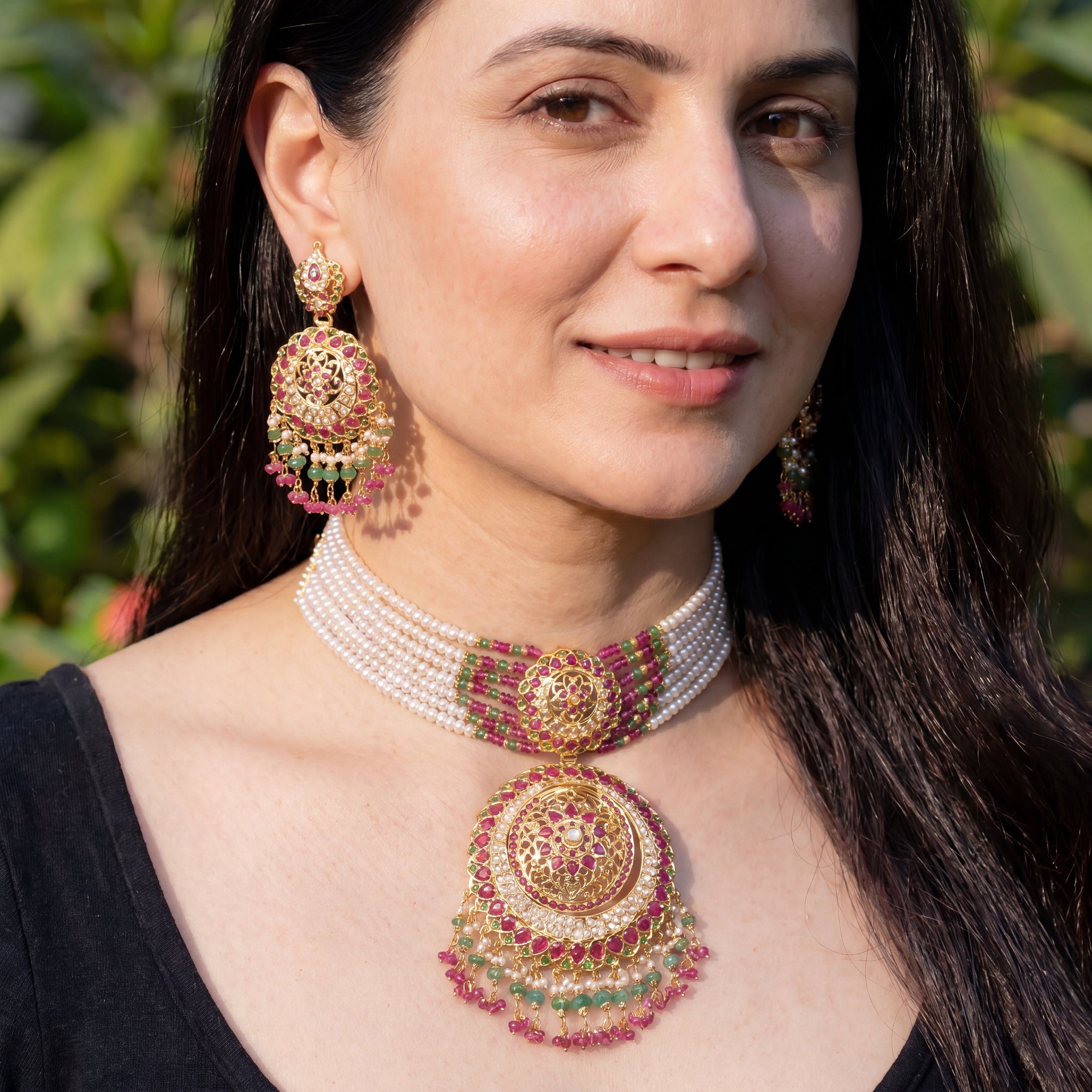 Bridal Mughal Design Choker Necklace Set in 22k Gold Studded with Ruby, Emerald & Pearls GNS 203