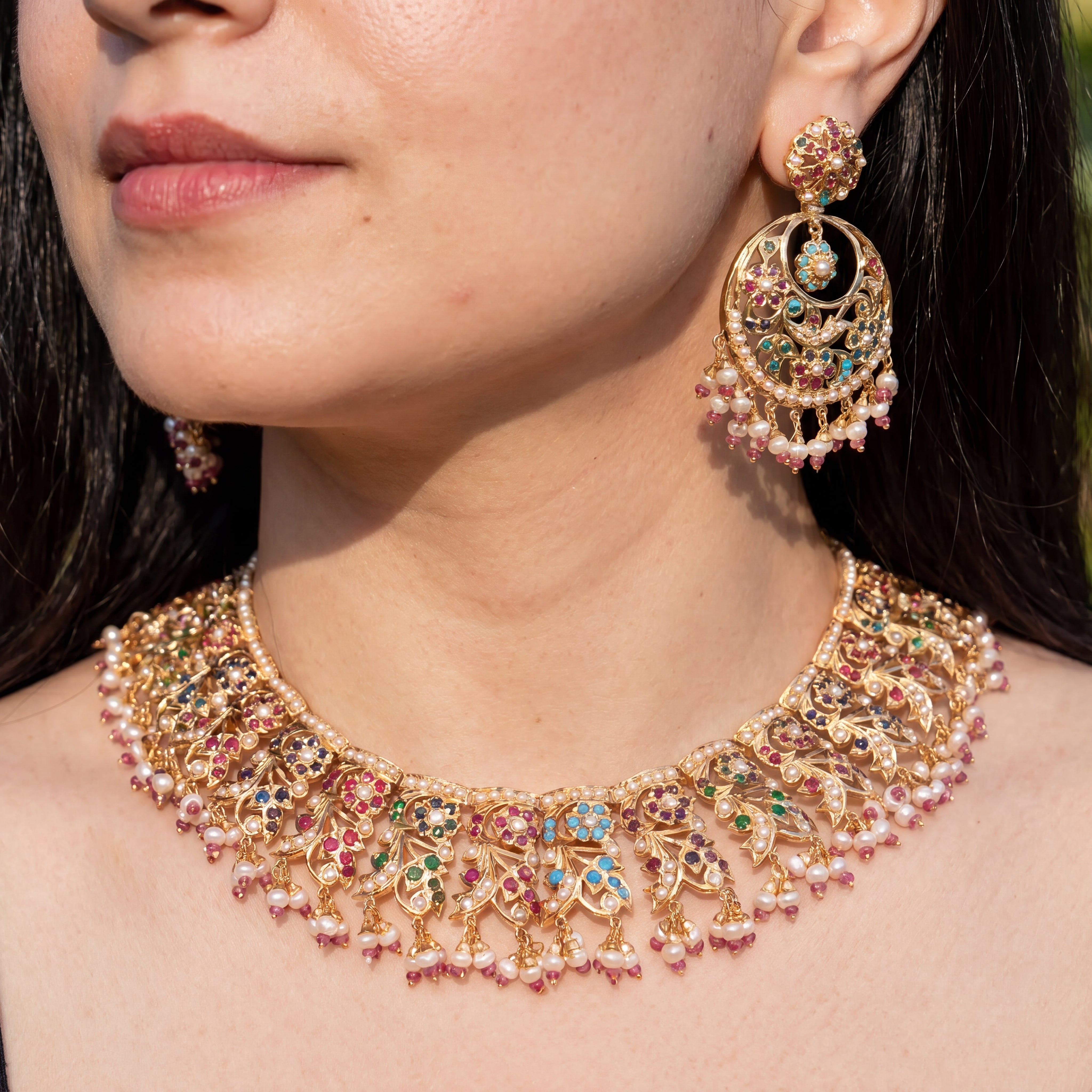 Broad Floral Navratna Guluband Paired with Chandbalis | Gold Plated on Silver NS 452