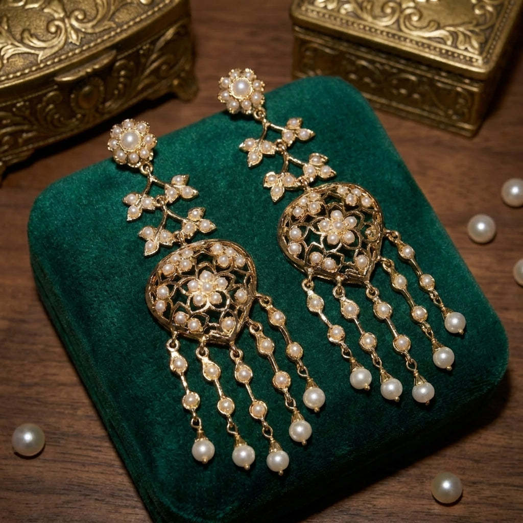 Ethnic Styled Pearl Long Earrings | Gold Plated on Sterling Silver ER 698