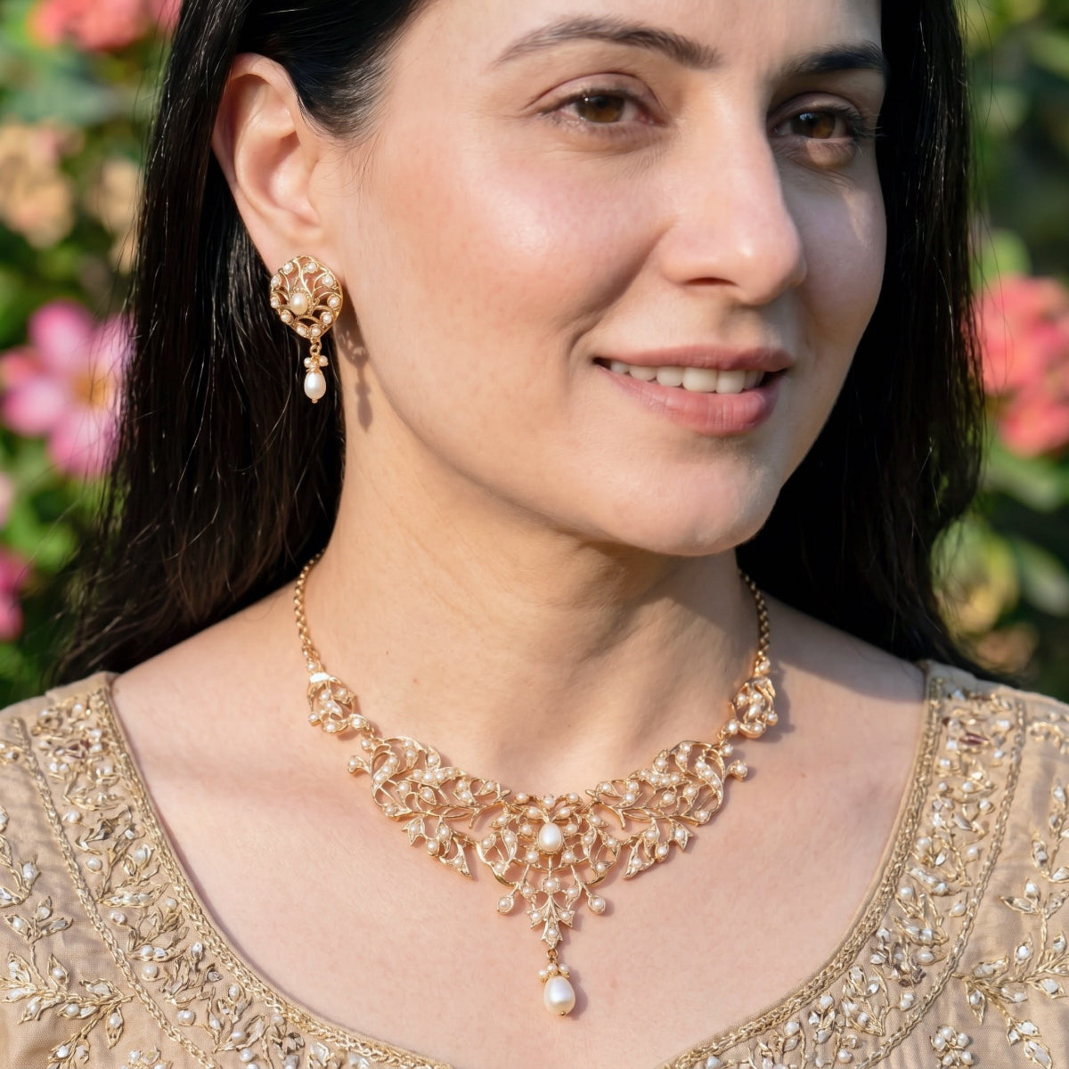 Delicate Pearl Floral Jadau Necklace Set | Gold Plated on 925 Silver NS 460