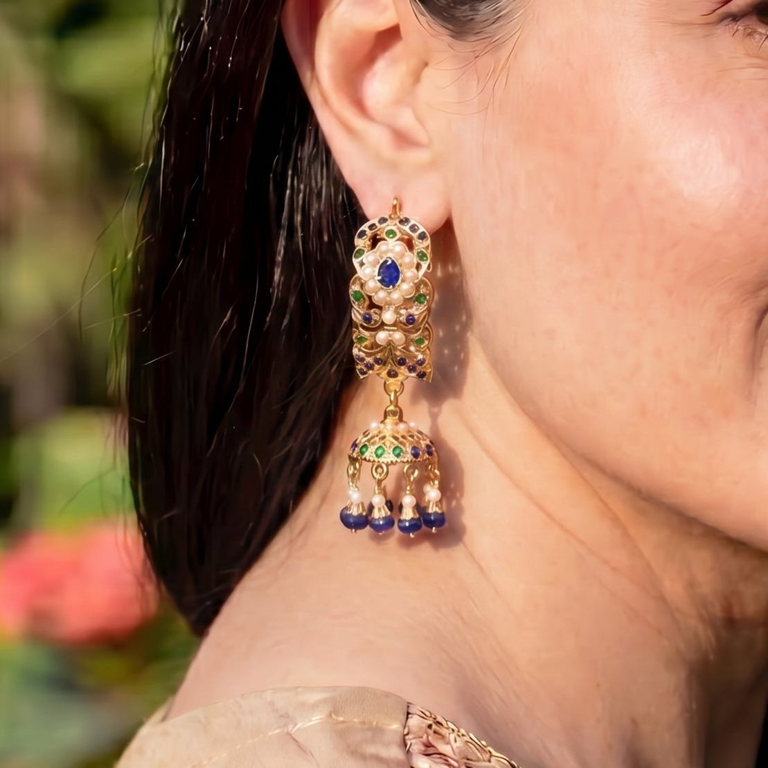 Sapphire-Green Pearl Dandi Jhumki Earrings | Gold Plated Indian Jewelry on Silver Base ER 707