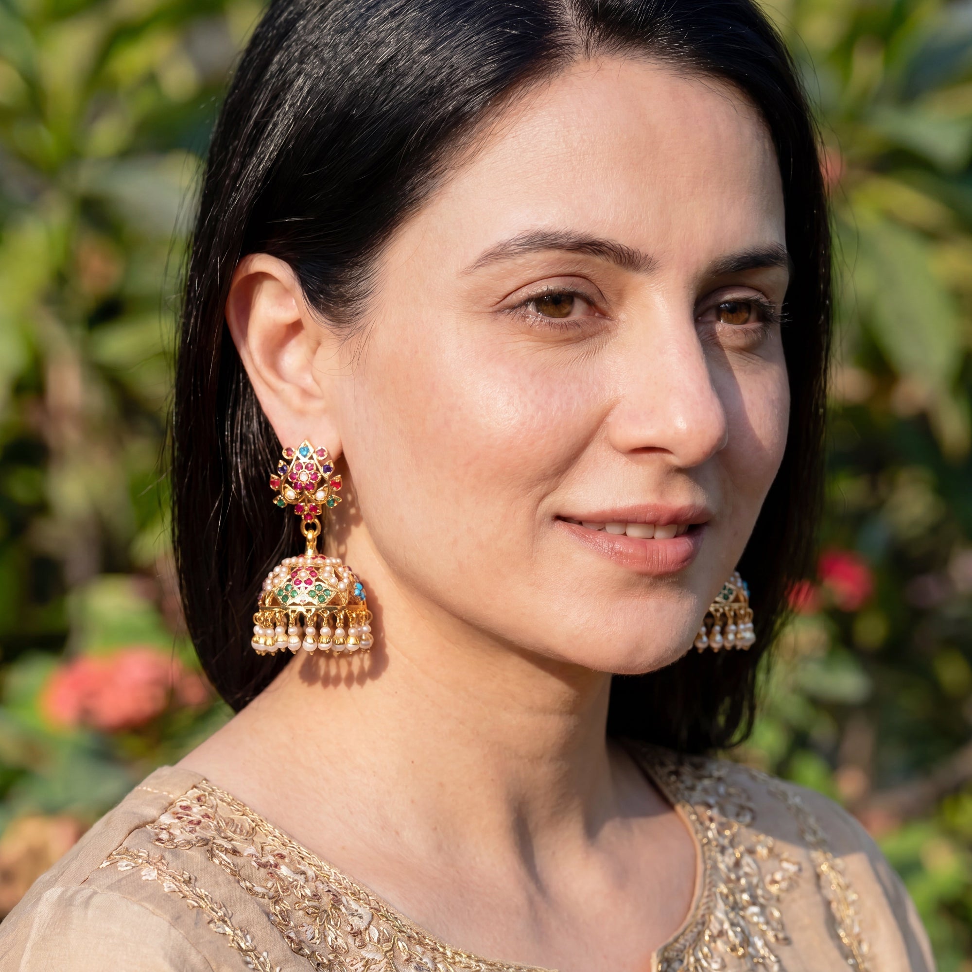 Navratna Pearl Jadau Jhumka Earrings | Gold Plated 925 Silver ER 708