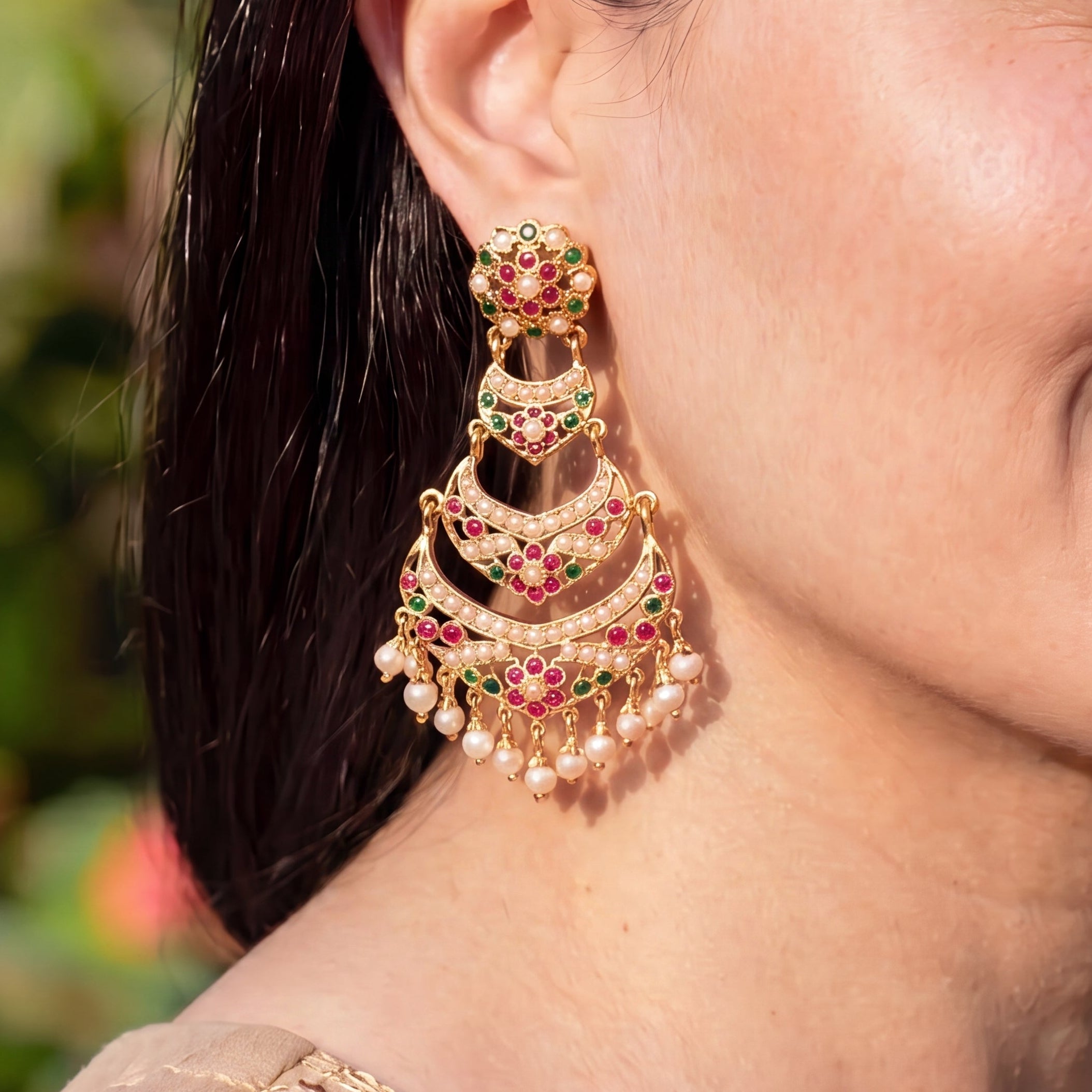 Ruby-Green Pearl Three-Tier Chandbali Earrings | Gold Plated on Silver ER 703