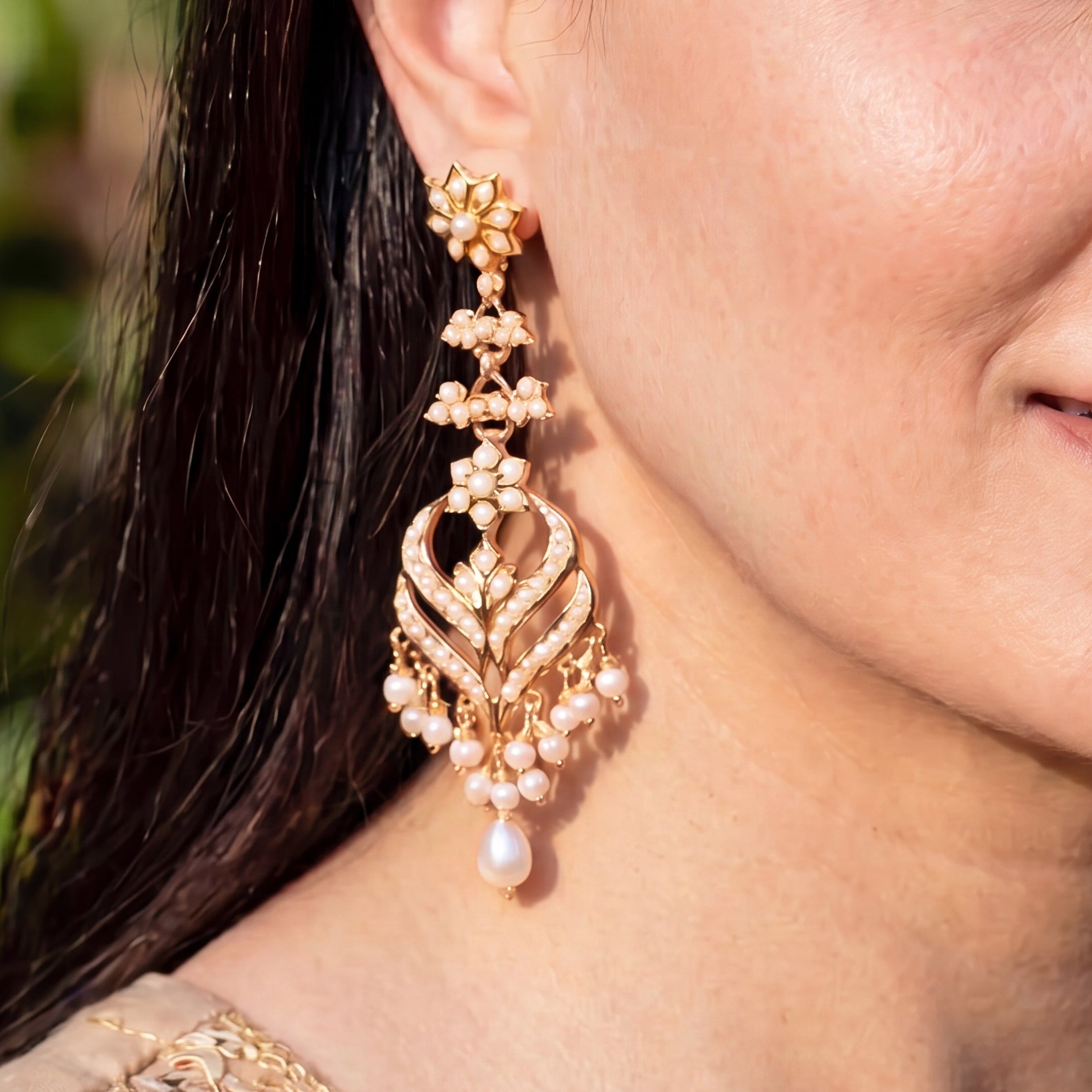 Pearl Lotus Jadau Long Earrings | Gold Plated on Silver ER 704